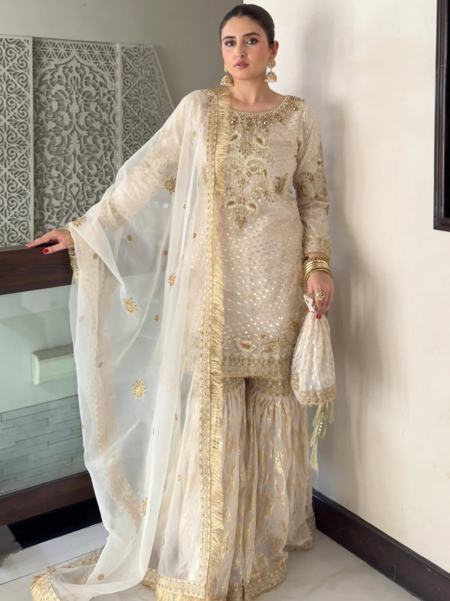 Cream Sara Jahan Organza Embellished Gharara-White Crown