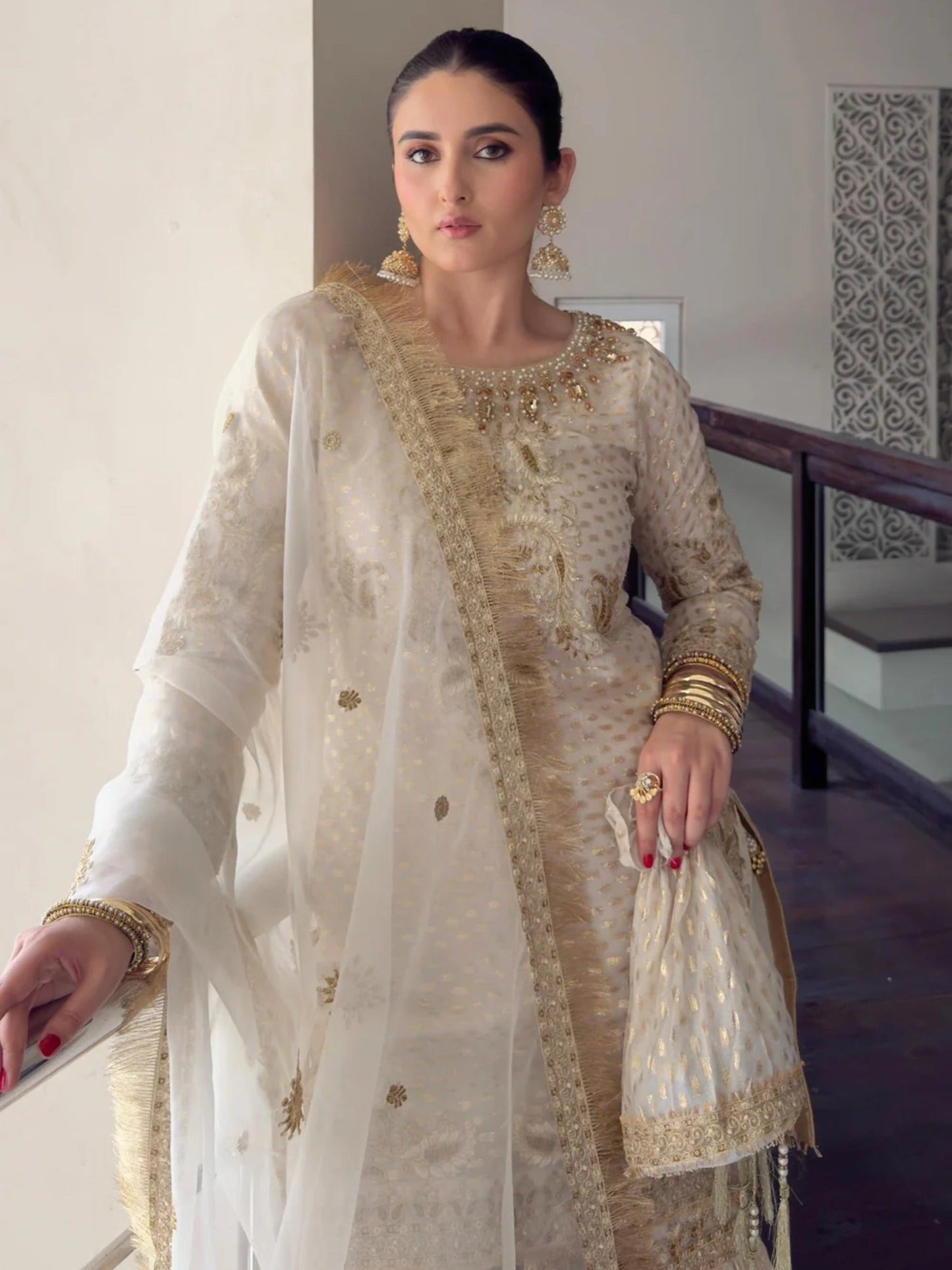 Cream Sara Jahan Organza Embellished Gharara-White Crown