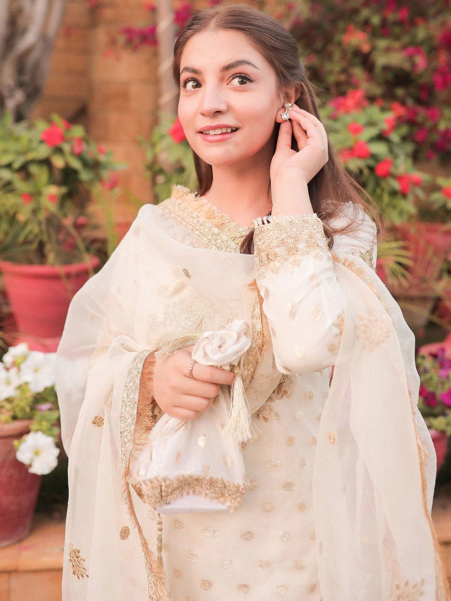 Cream Sara Jahan Organza Embellished Gharara-White Crown