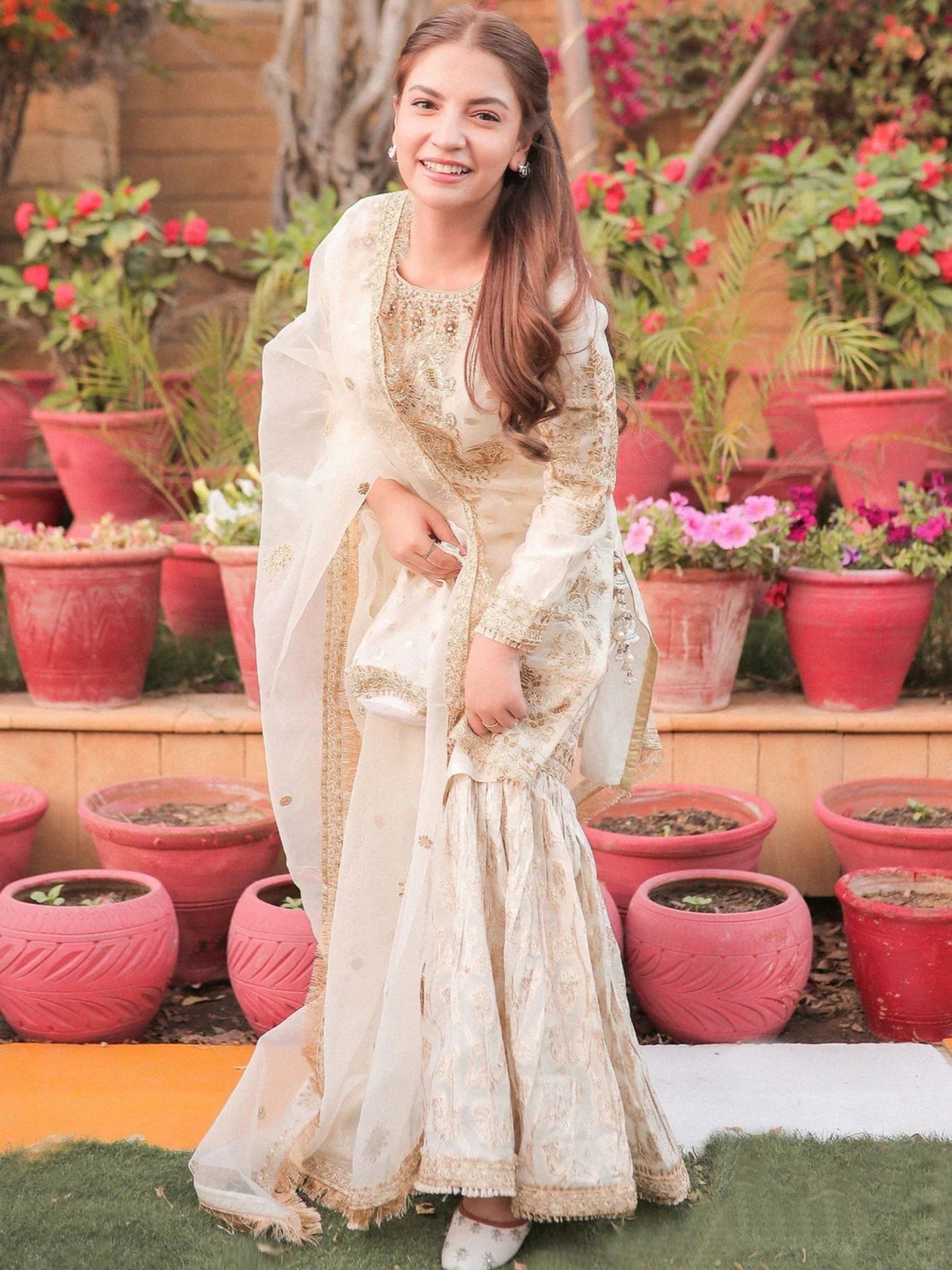 Cream Sara Jahan Organza Embellished Gharara-White Crown