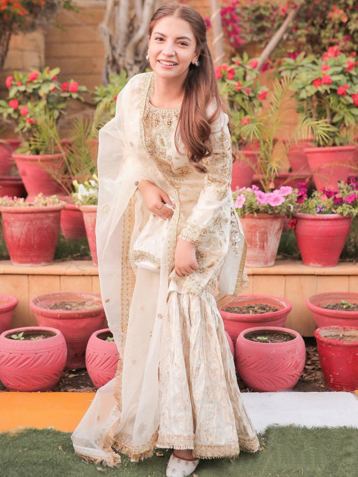 Cream Sara Jahan Organza Embellished Gharara-White Crown