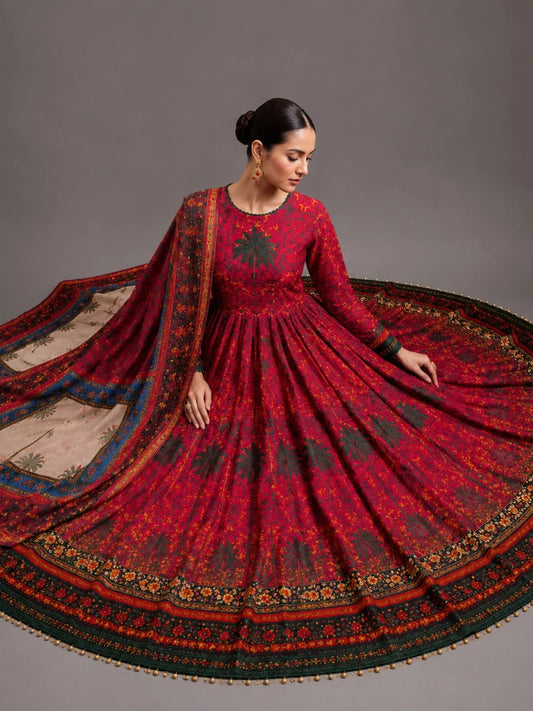 Maroon-MH Cloth House Blended Lawn Printed Stitched 2-Piece Suit-Firdaus