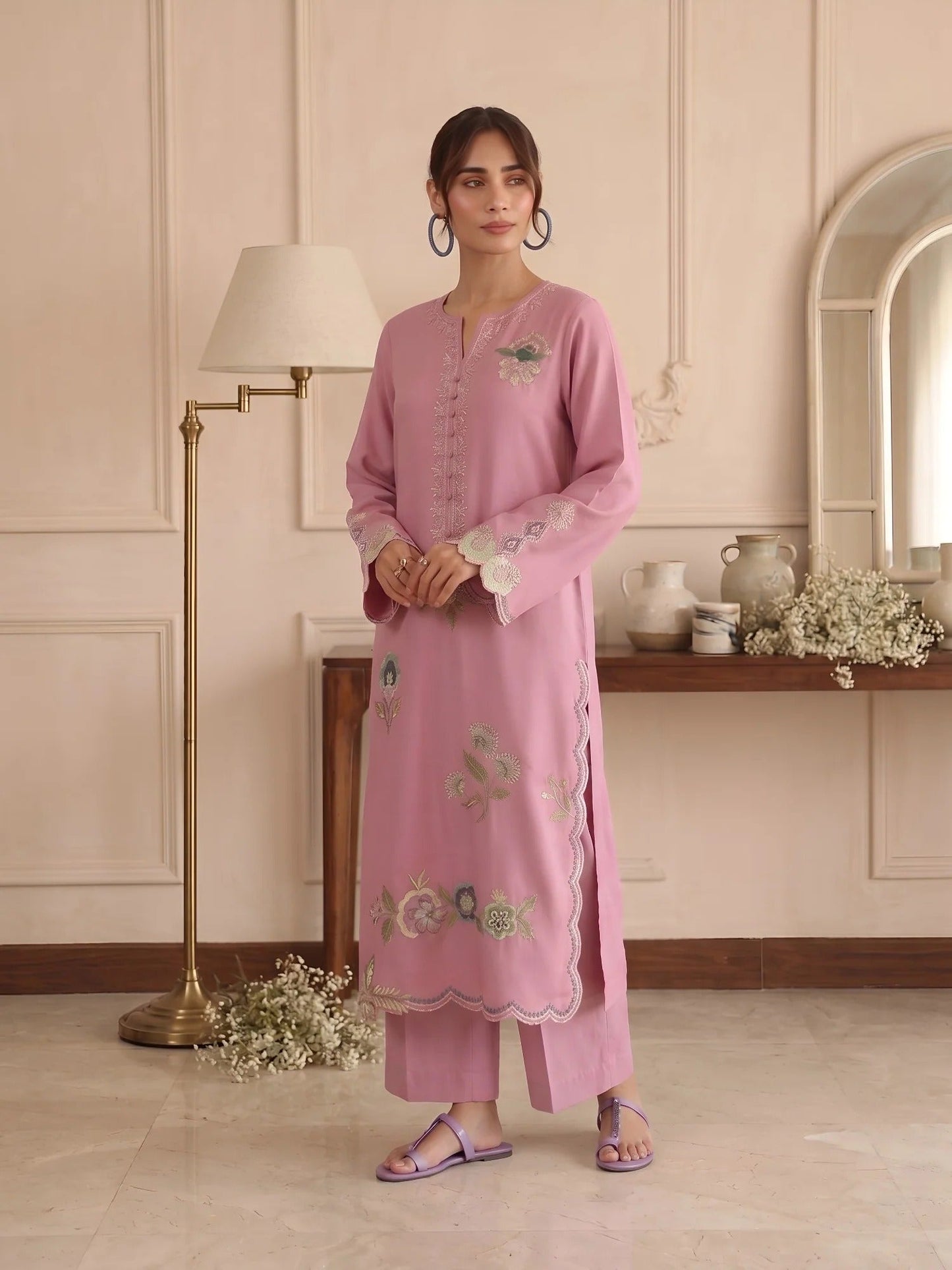 pink-Silai Libas Summer Linen Embroidered Stitched 2-Piece Suit-Bahaar