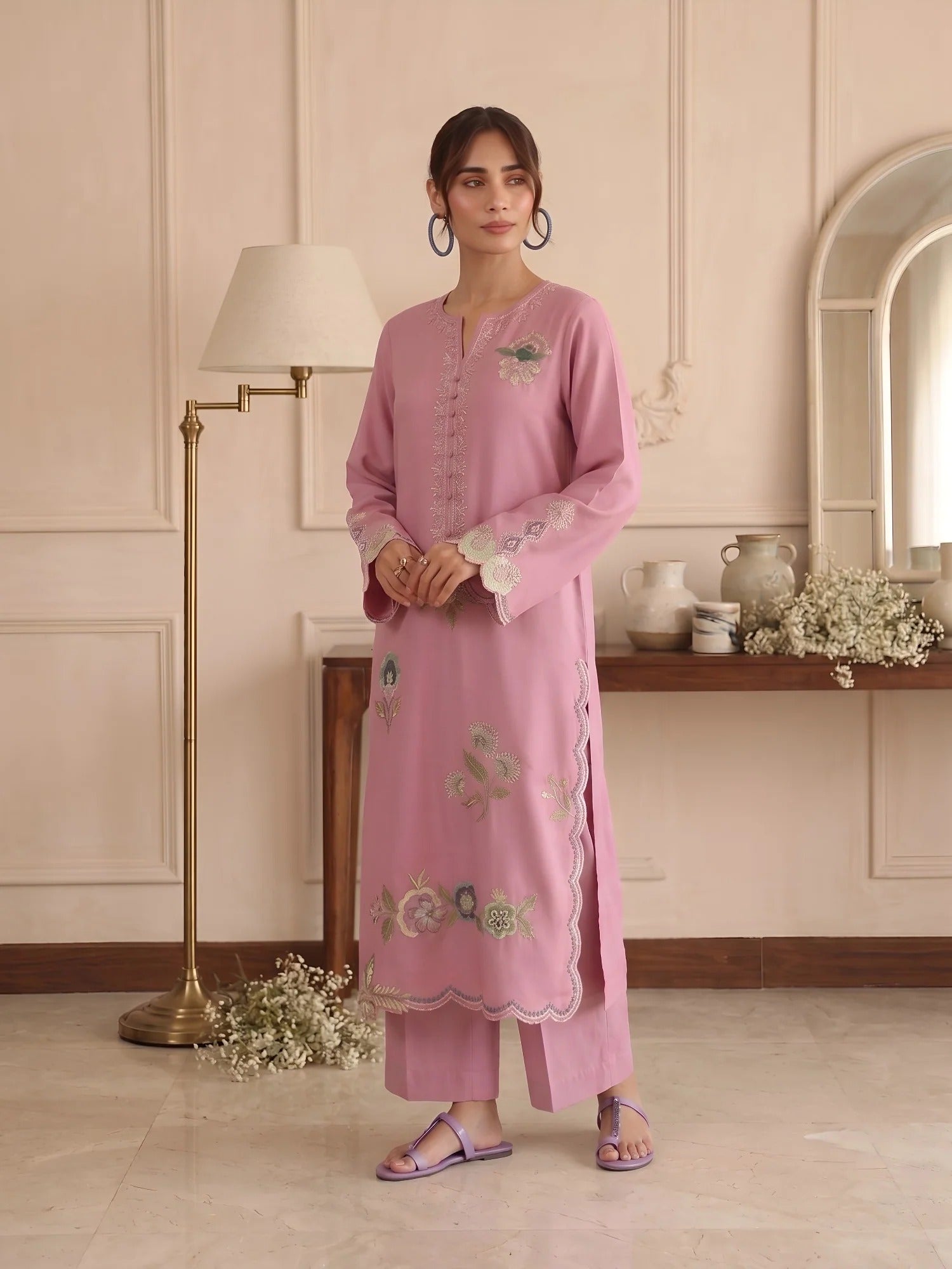 pink-Silai Libas Summer Linen Embroidered Stitched 2-Piece Suit-Bahaar