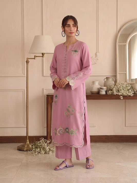 pink-Silai Libas Summer Linen Embroidered Stitched 2-Piece Suit-Bahaar