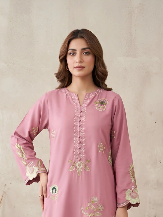 pink-Silai Libas Summer Linen Embroidered Stitched 2-Piece Suit-Bahaar