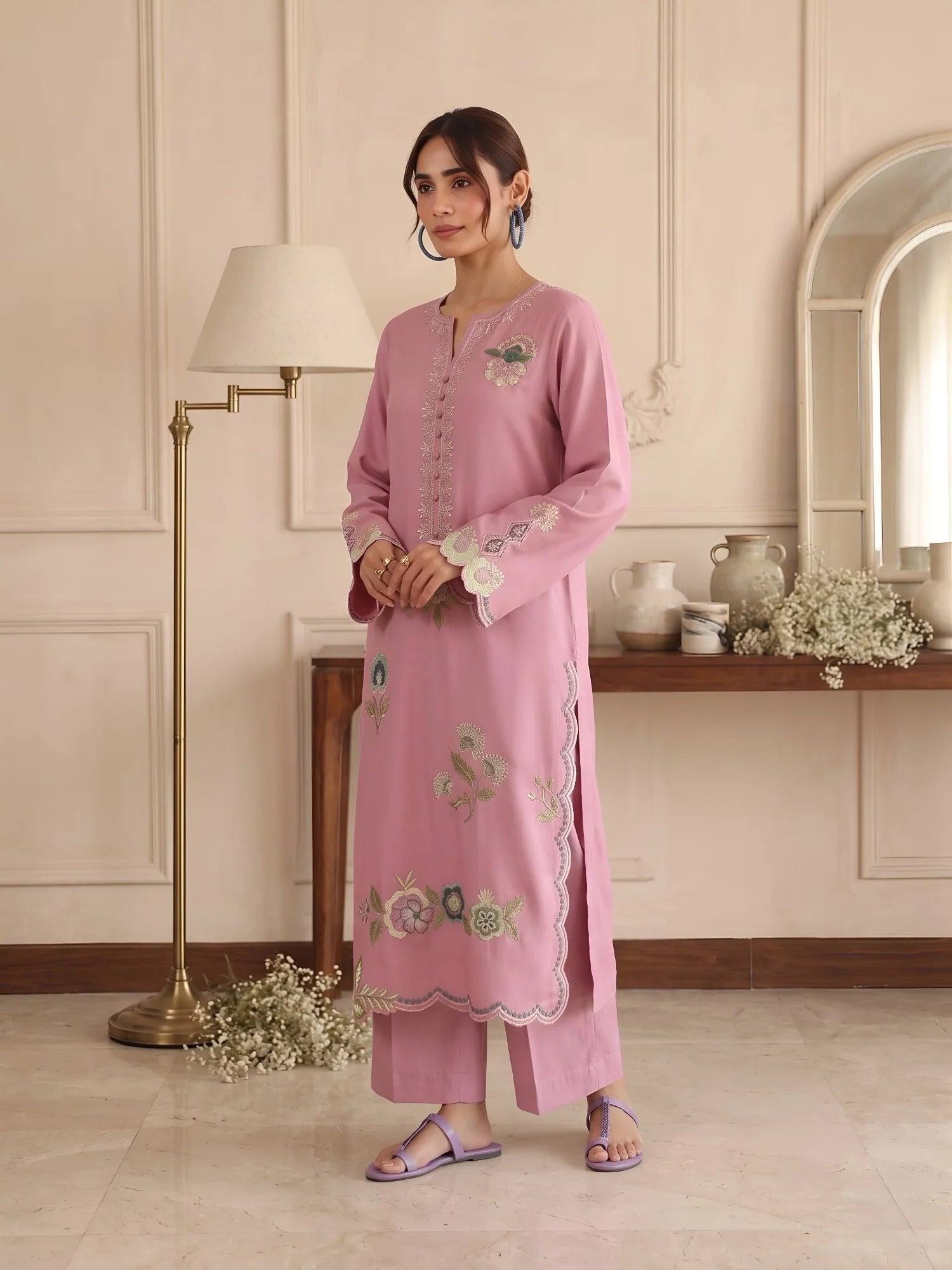pink-Silai Libas Summer Linen Embroidered Stitched 2-Piece Suit-Bahaar