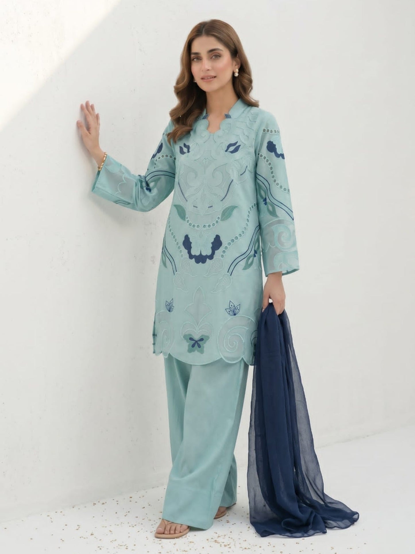 Blue-Duas Boutique Lawn Embroidered Stitched 3-Piece Suit-Aqeeq