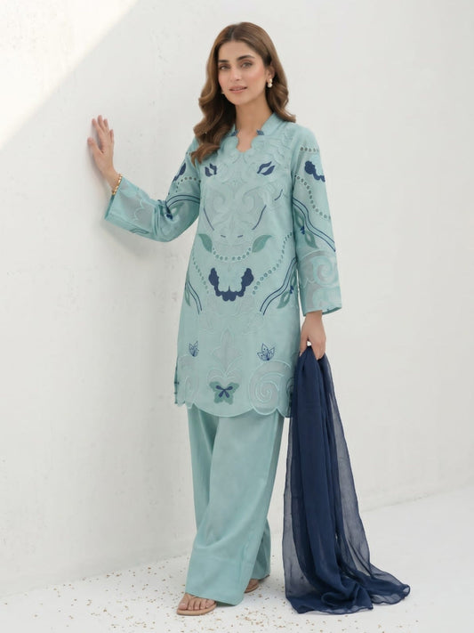 Blue-Duas Boutique Lawn Embroidered Stitched 3-Piece Suit-Aqeeq