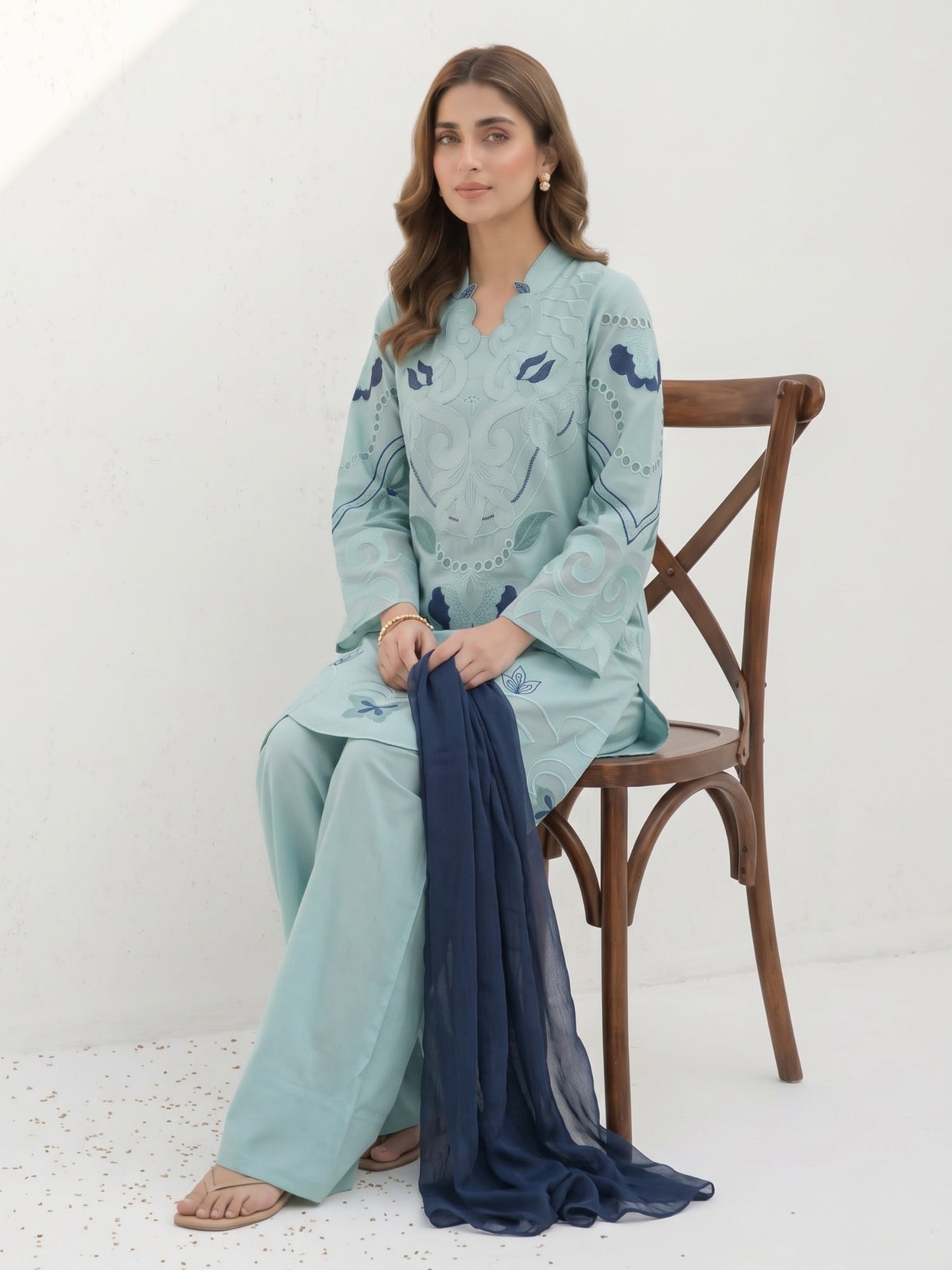Blue-Duas Boutique Lawn Embroidered Stitched 3-Piece Suit-Aqeeq