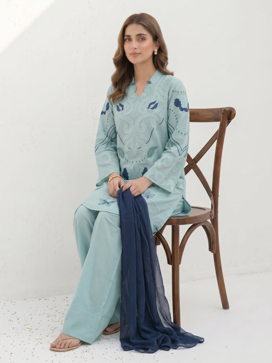 Blue-Duas Boutique Lawn Embroidered Stitched 3-Piece Suit-Aqeeq