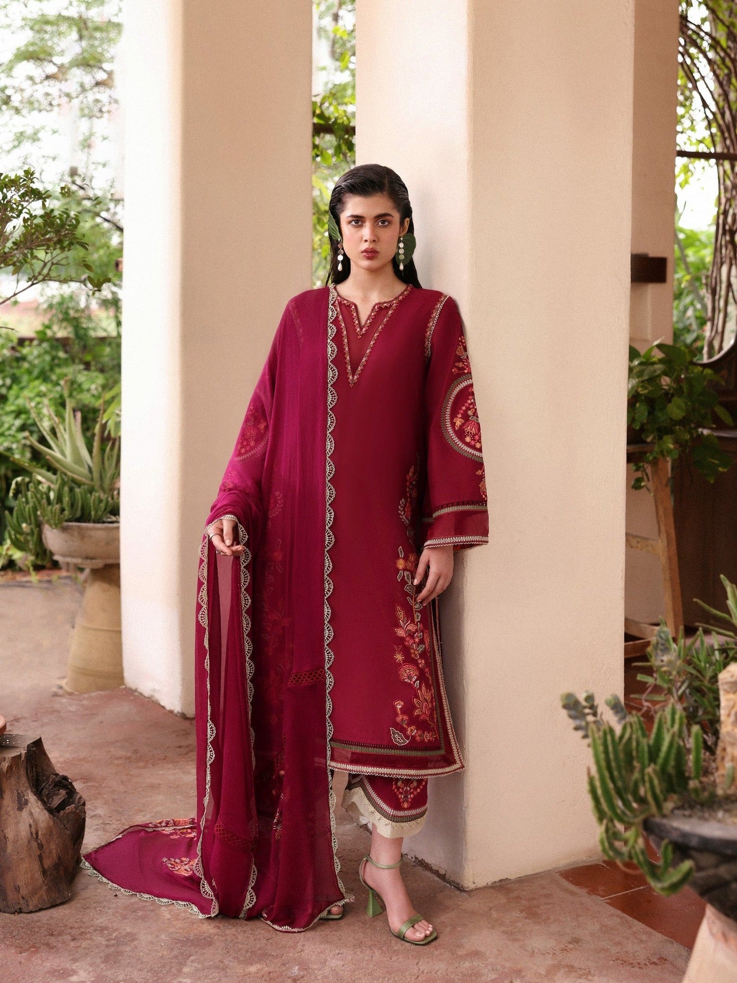 Red-Hussain Rehar Lawn Embroidered Stitched 3-Piece Suit-Ada