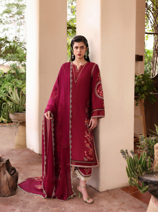 Red-Hussain Rehar Lawn Embroidered Stitched 3-Piece Suit-Ada