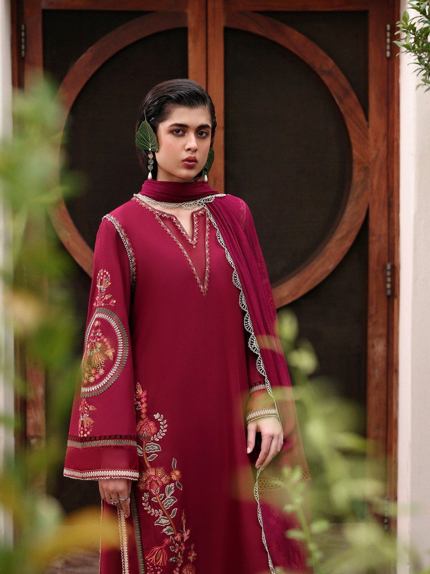Red-Hussain Rehar Lawn Embroidered Stitched 3-Piece Suit-Ada