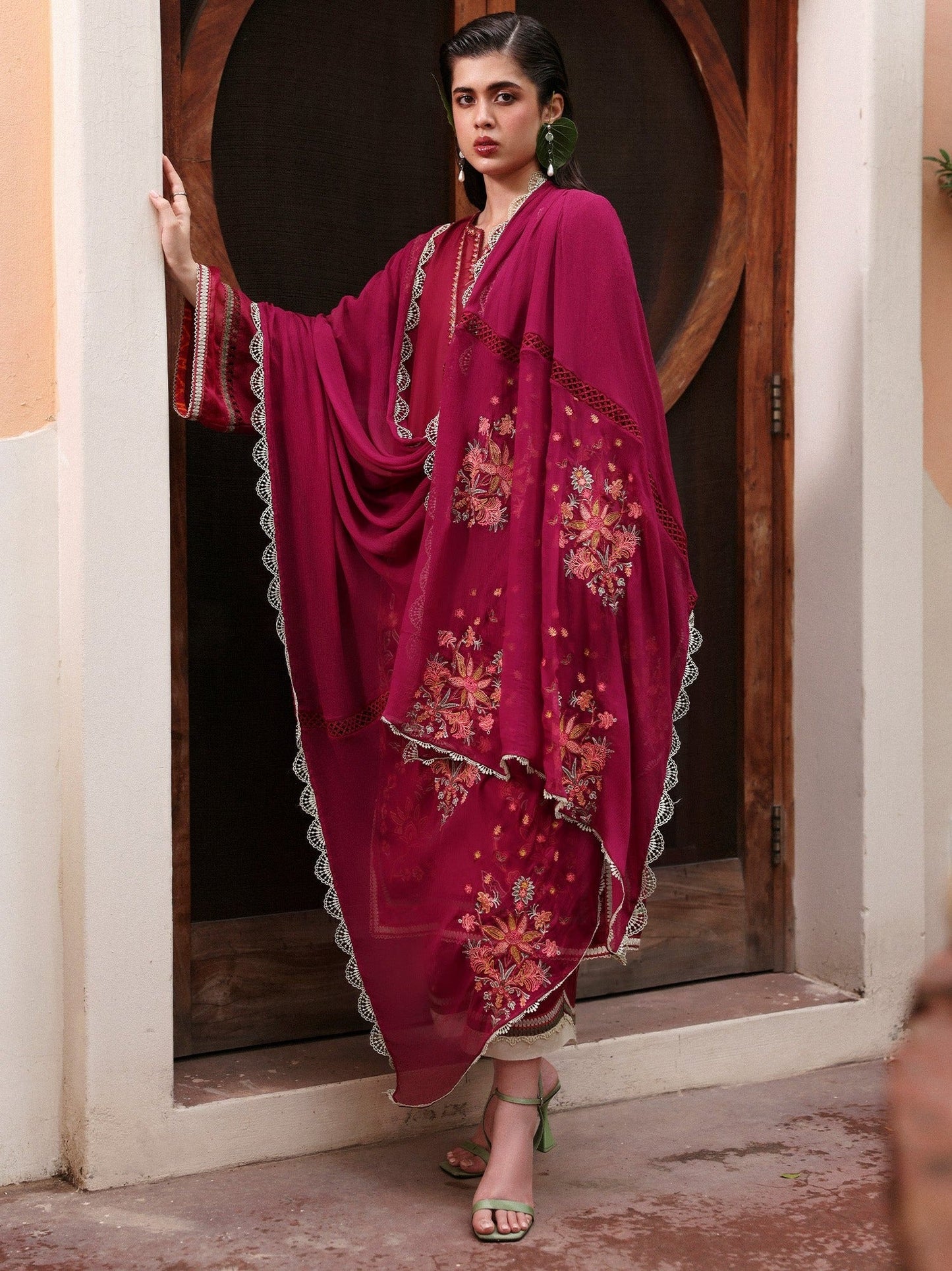 Red-Hussain Rehar Lawn Embroidered Stitched 3-Piece Suit-Ada