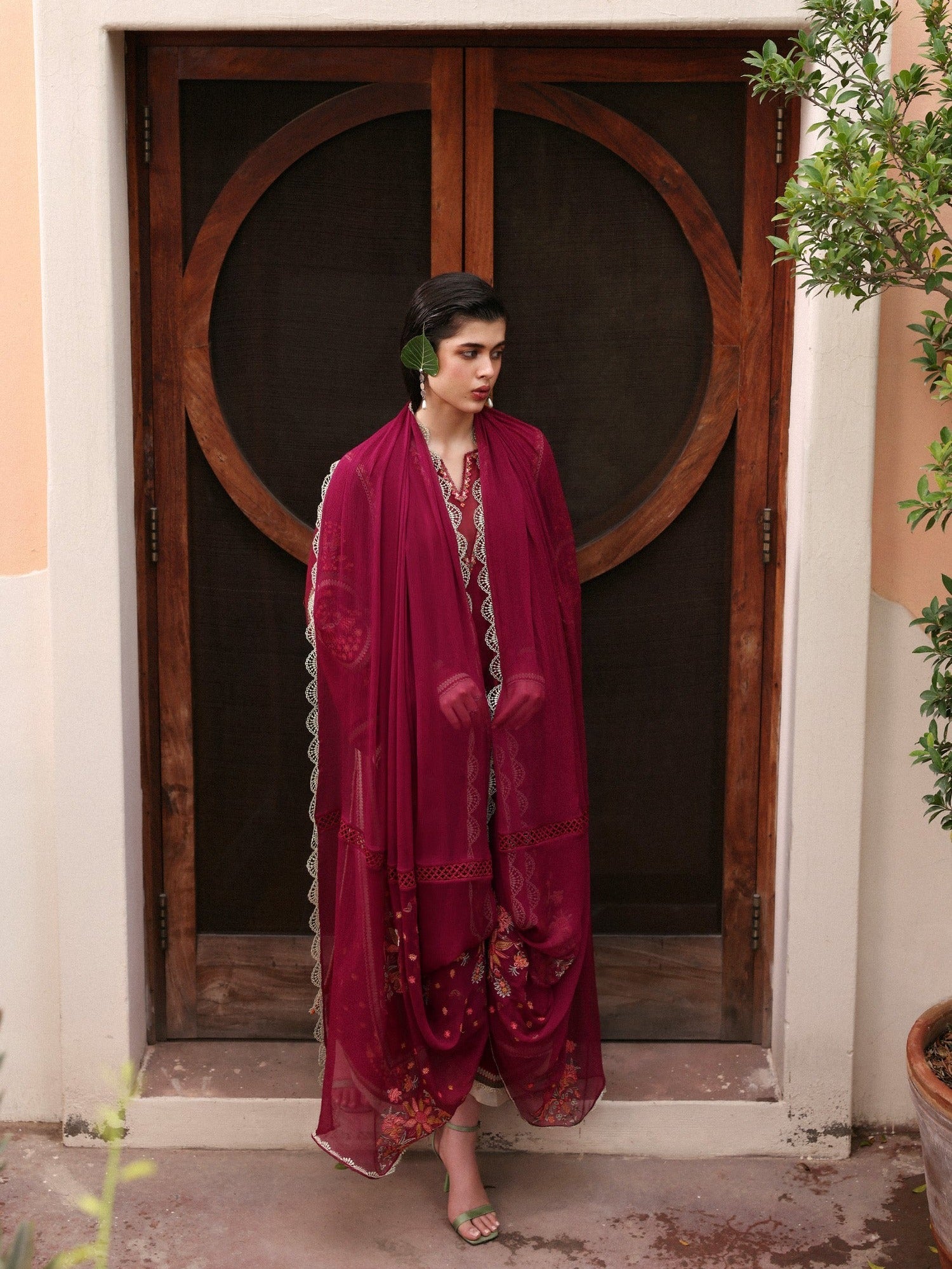 Red-Hussain Rehar Lawn Embroidered Stitched 3-Piece Suit-Ada