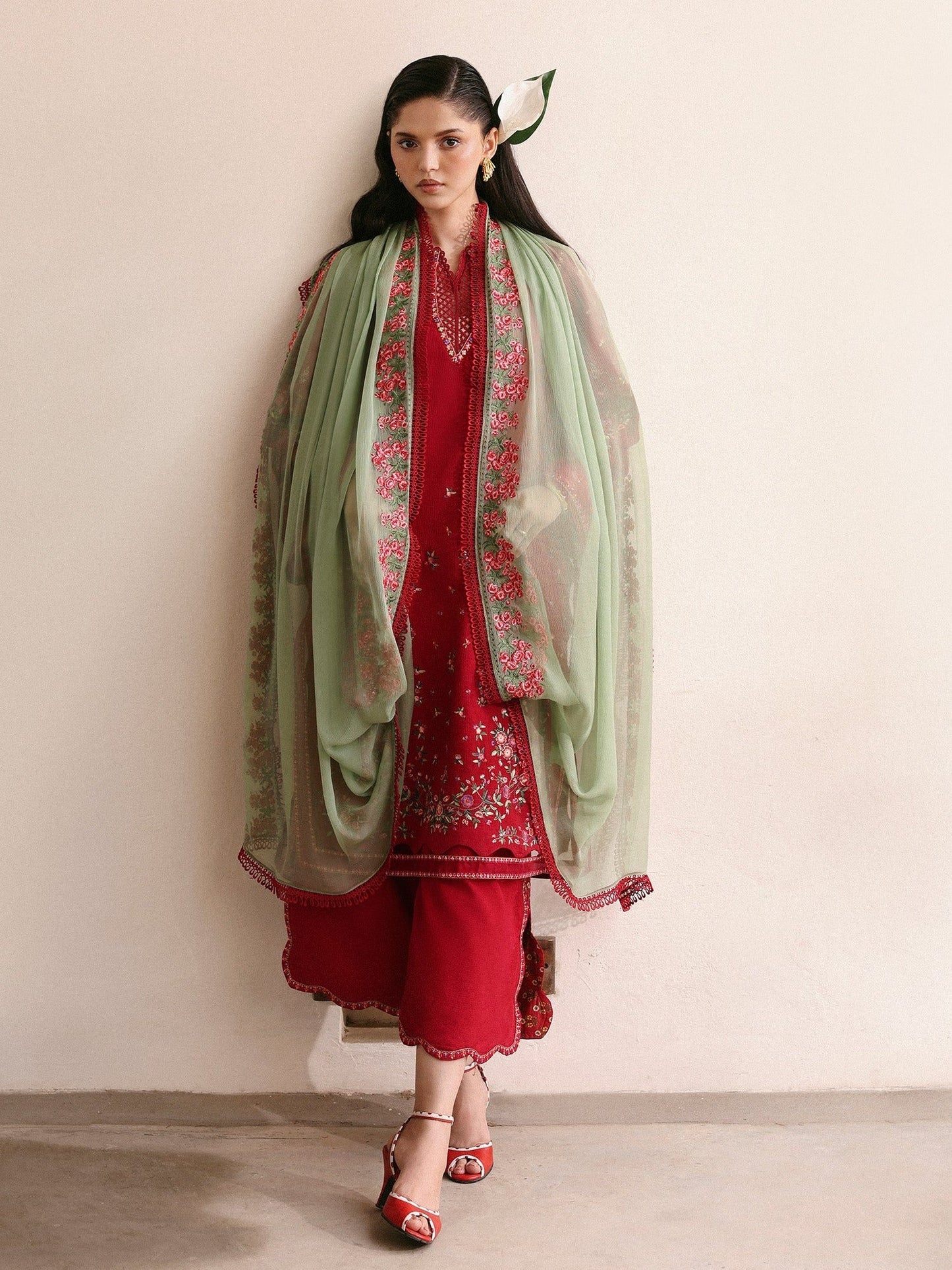 Red-Hussain Rehar Eid Pret SS 26 Lawn Embroidered Stitched 3-Piece Suit-Scarlet