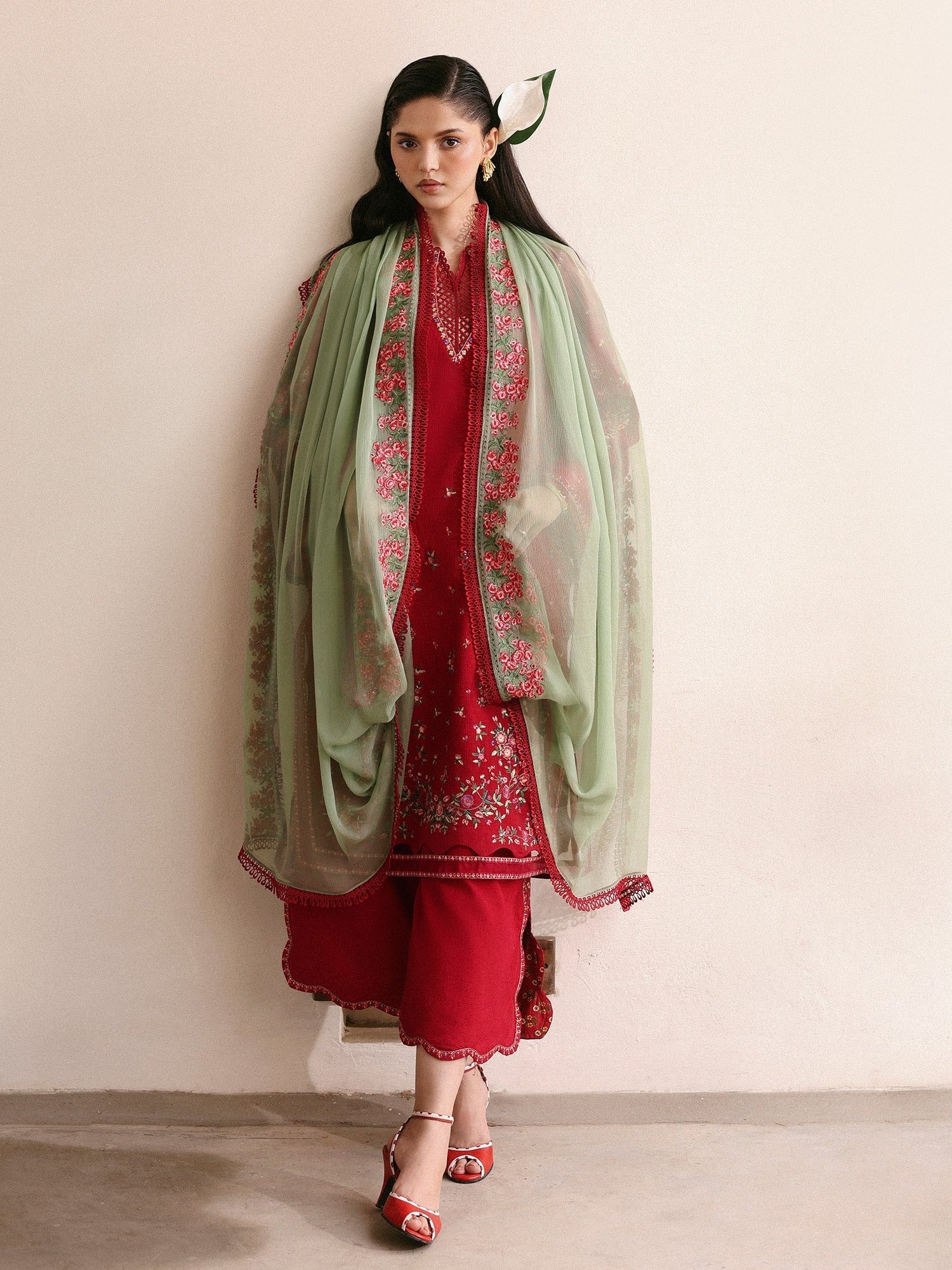 Red-Hussain Rehar Eid Pret SS 26 Lawn Embroidered Stitched 3-Piece Suit-Scarlet