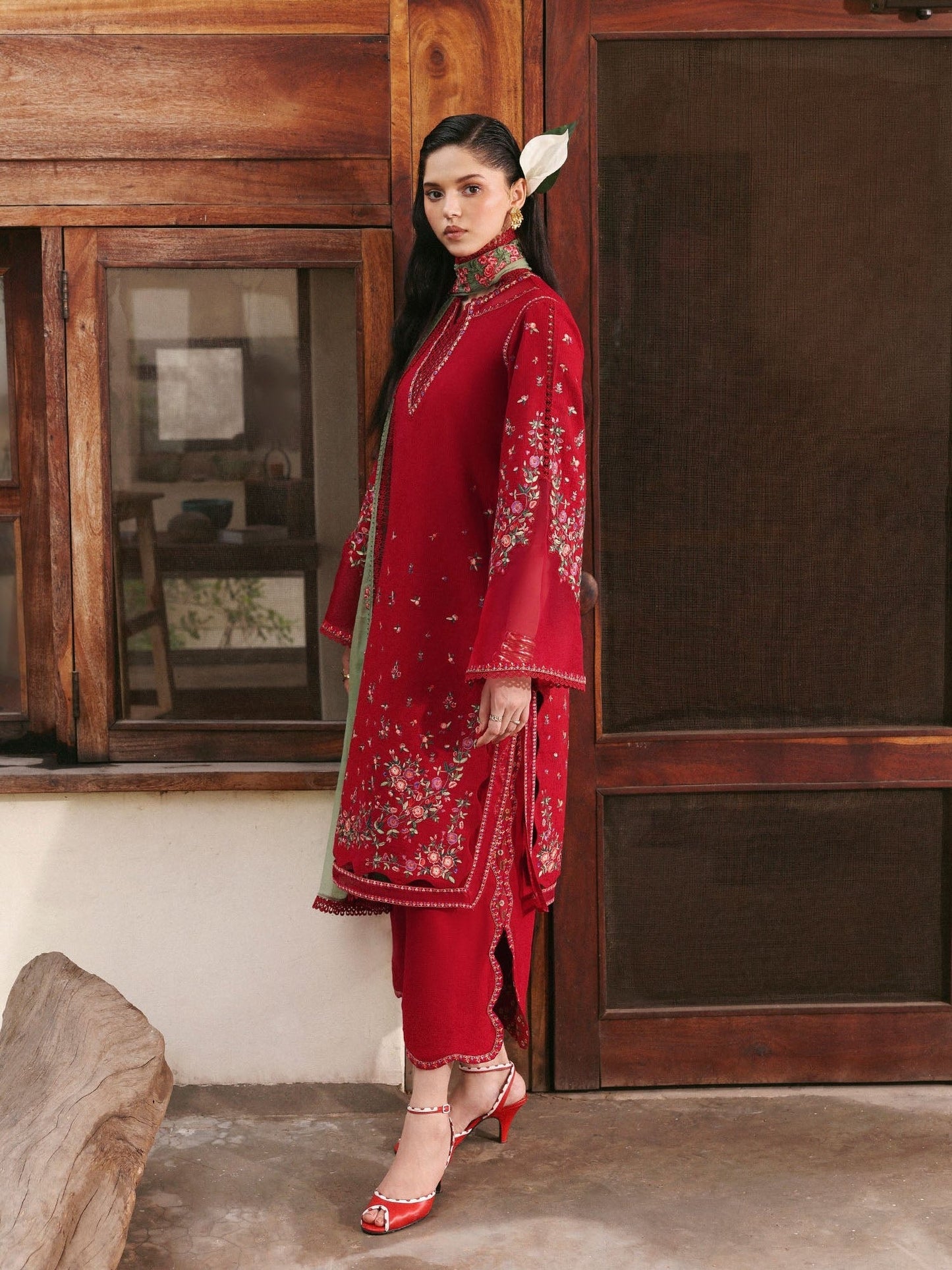 Red-Hussain Rehar Eid Pret SS 26 Lawn Embroidered Stitched 3-Piece Suit-Scarlet