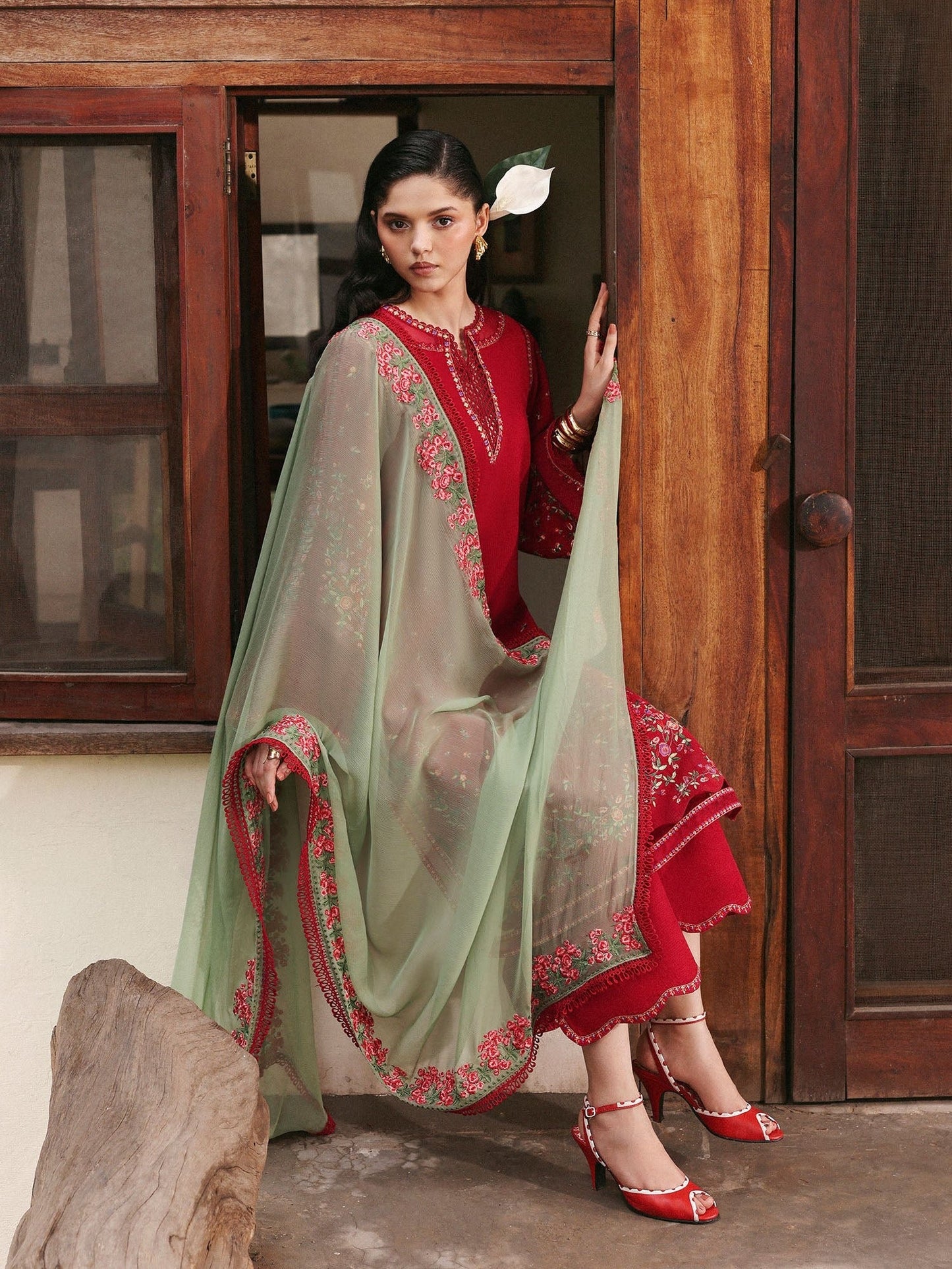 Red-Hussain Rehar Eid Pret SS 26 Lawn Embroidered Stitched 3-Piece Suit-Scarlet