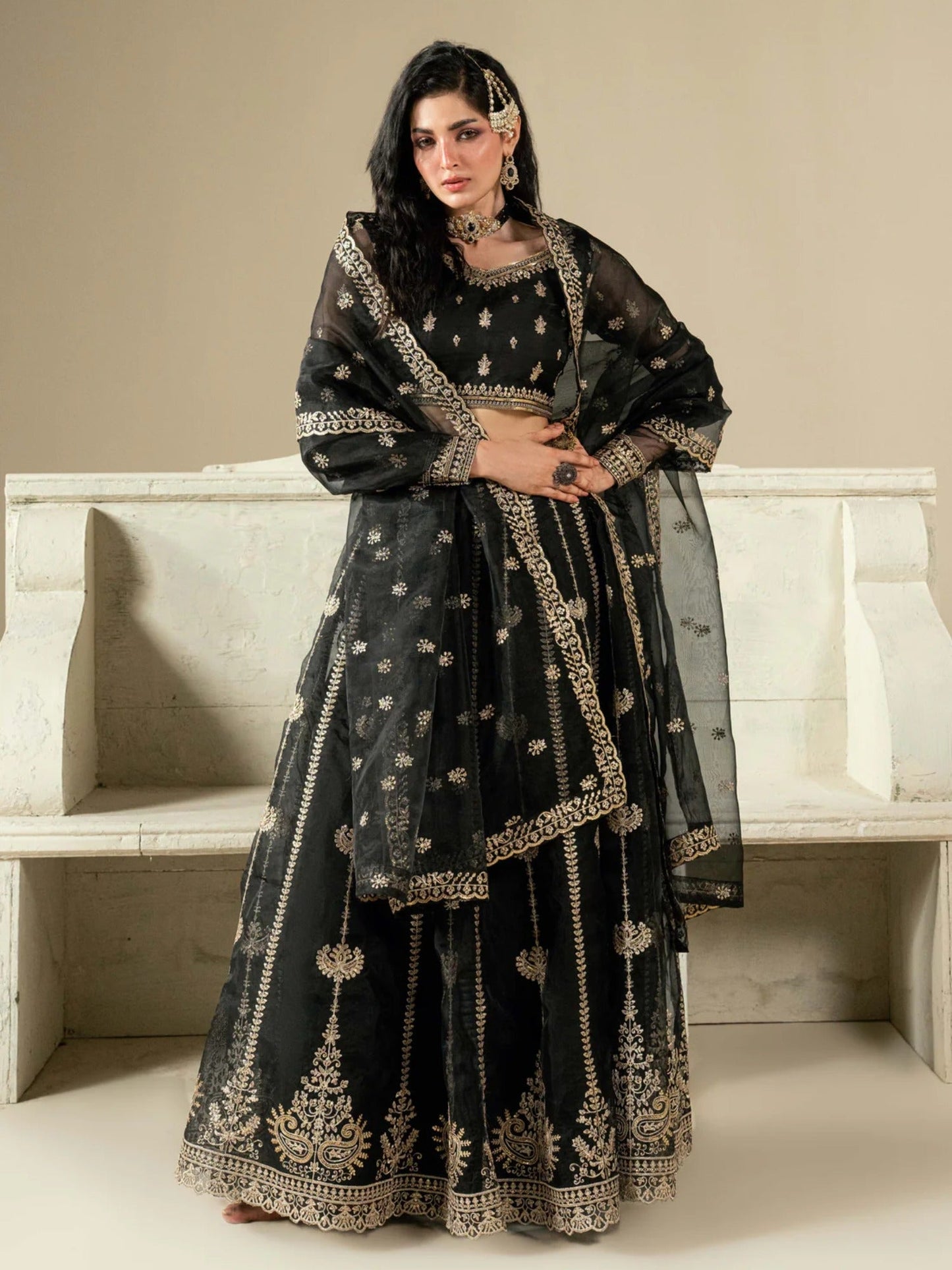 Black Hani & Umaima Organza Embroidered Lehenga-Gul e Rehab