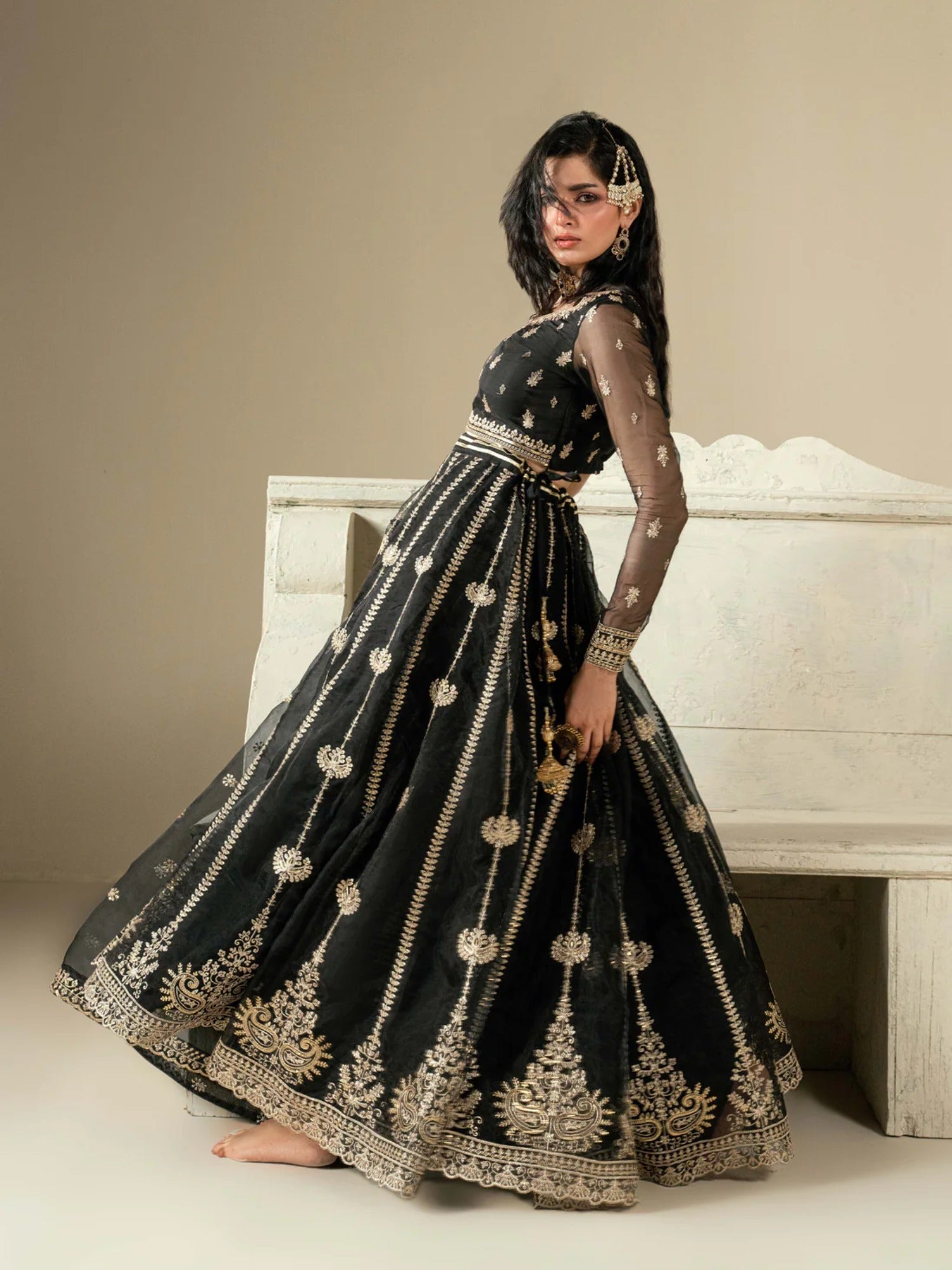 Black Hani & Umaima Organza Embroidered Lehenga-Gul e Rehab