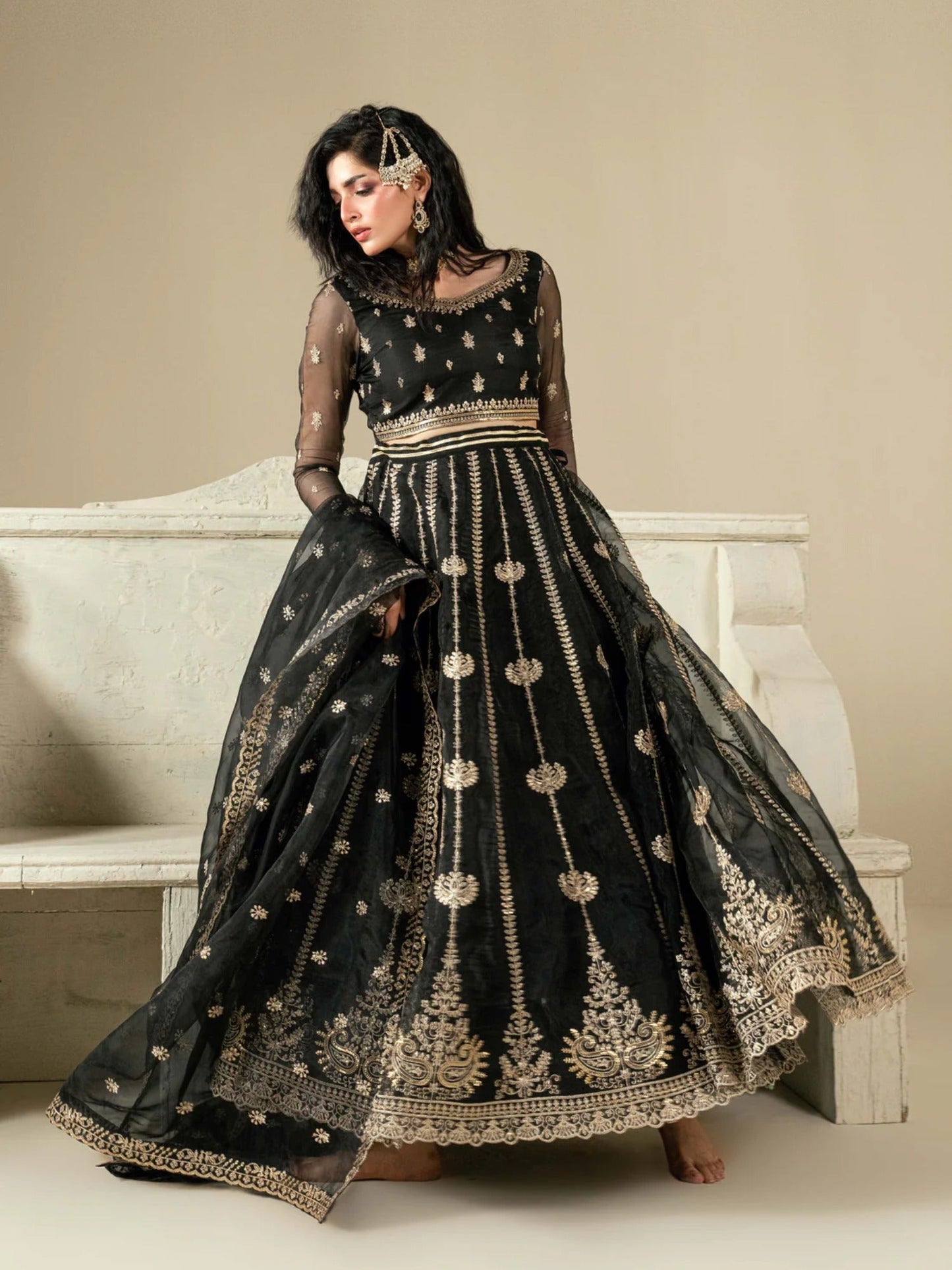 Black Hani & Umaima Organza Embroidered Lehenga-Gul e Rehab