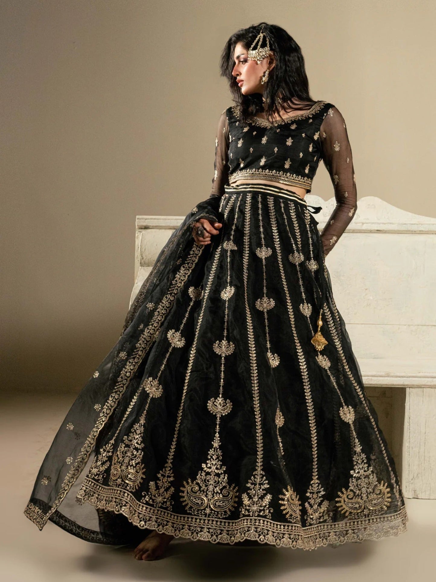 Black Hani & Umaima Organza Embroidered Lehenga-Gul e Rehab