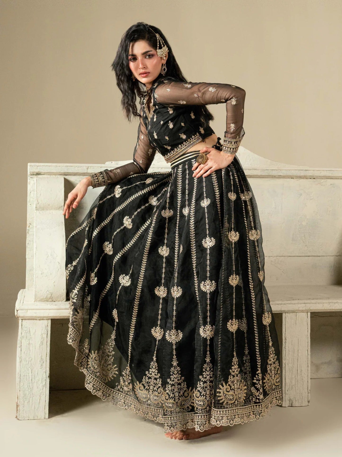 Black Hani & Umaima Organza Embroidered Lehenga-Gul e Rehab