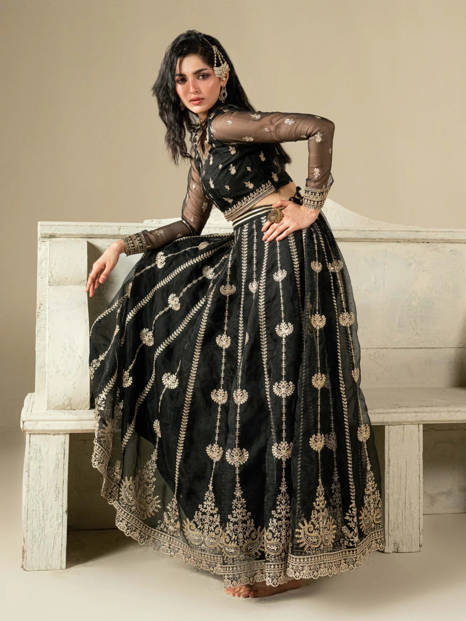Black Hani & Umaima Organza Embroidered Lehenga-Gul e Rehab