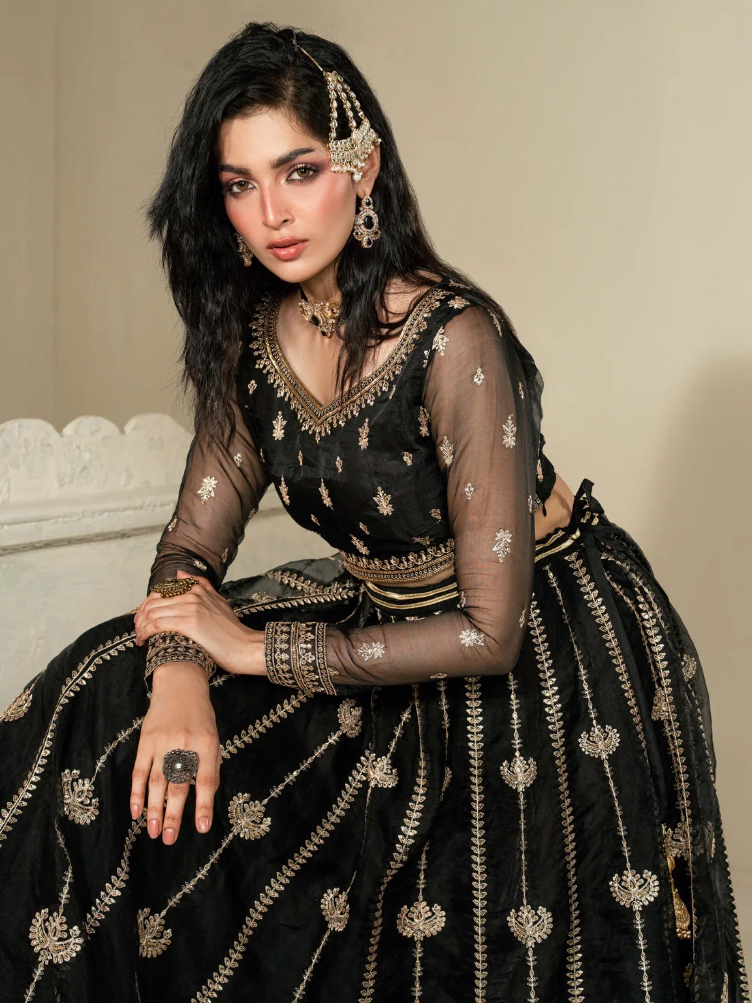 Black Hani & Umaima Organza Embroidered Lehenga-Gul e Rehab