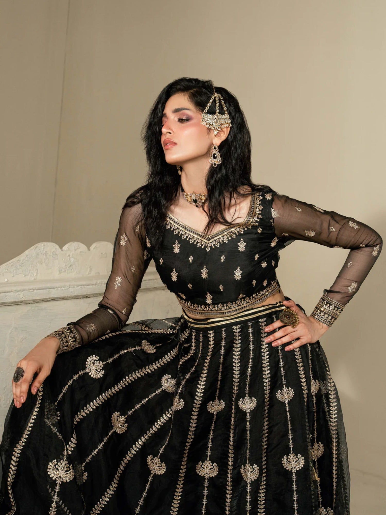 Black Hani & Umaima Organza Embroidered Lehenga-Gul e Rehab