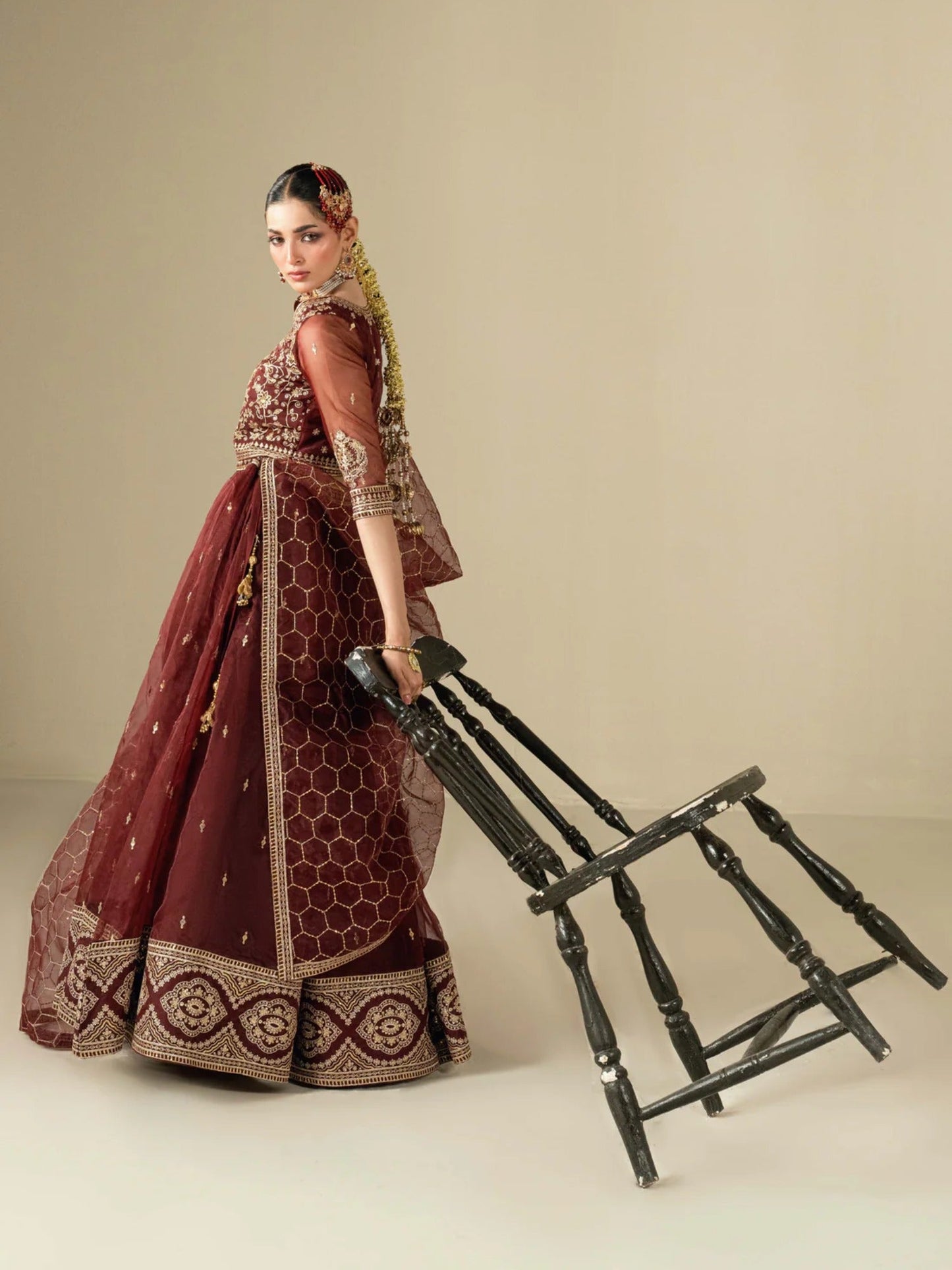 Maroon Hani & Umaima Organza Embroidered Lehenga-Mah e Gull