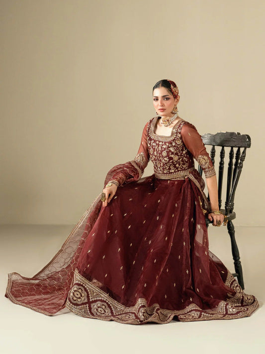 Maroon Hani & Umaima Organza Embroidered Lehenga-Mah e Gull