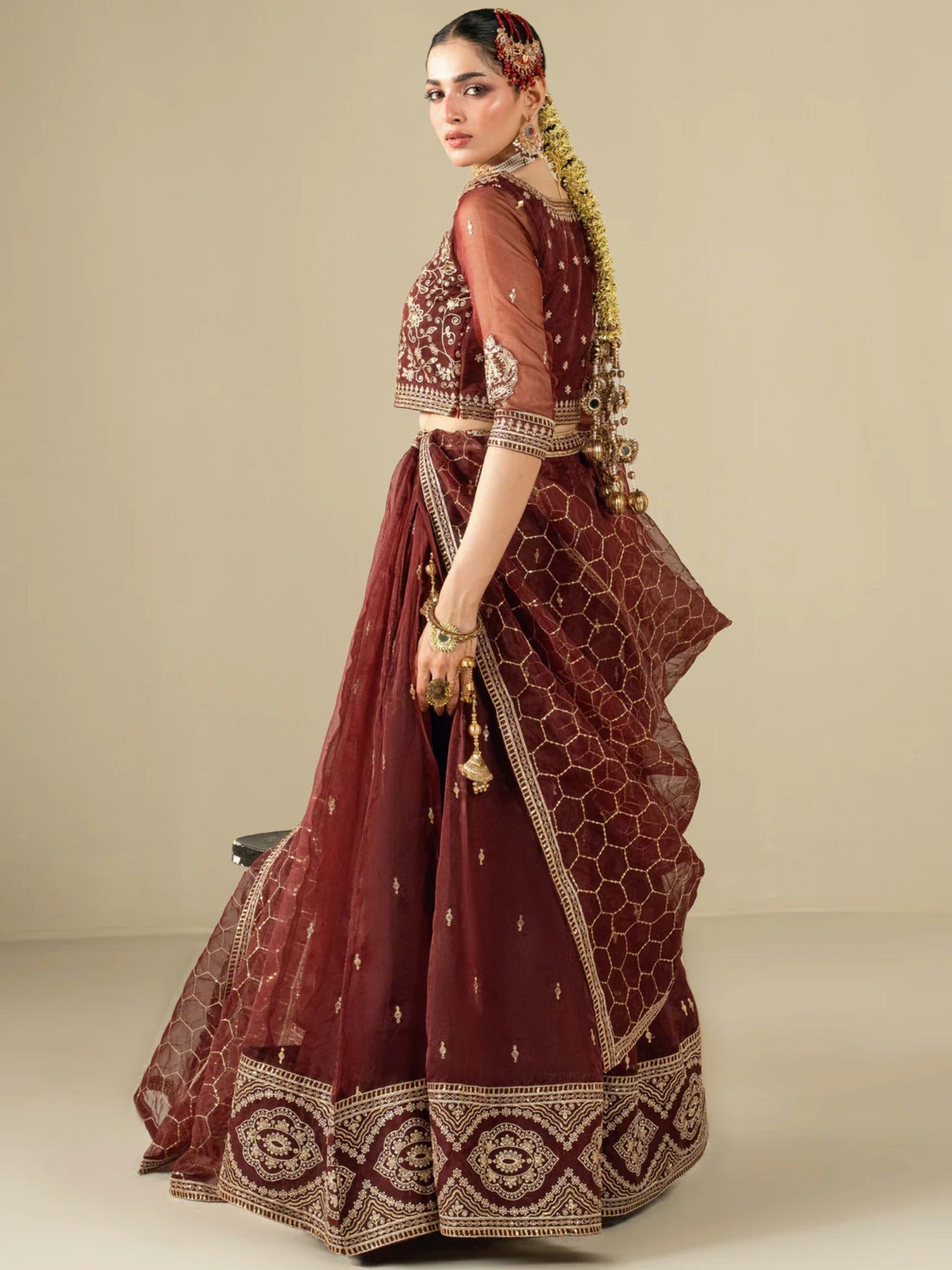 Maroon Hani & Umaima Organza Embroidered Lehenga-Mah e Gull