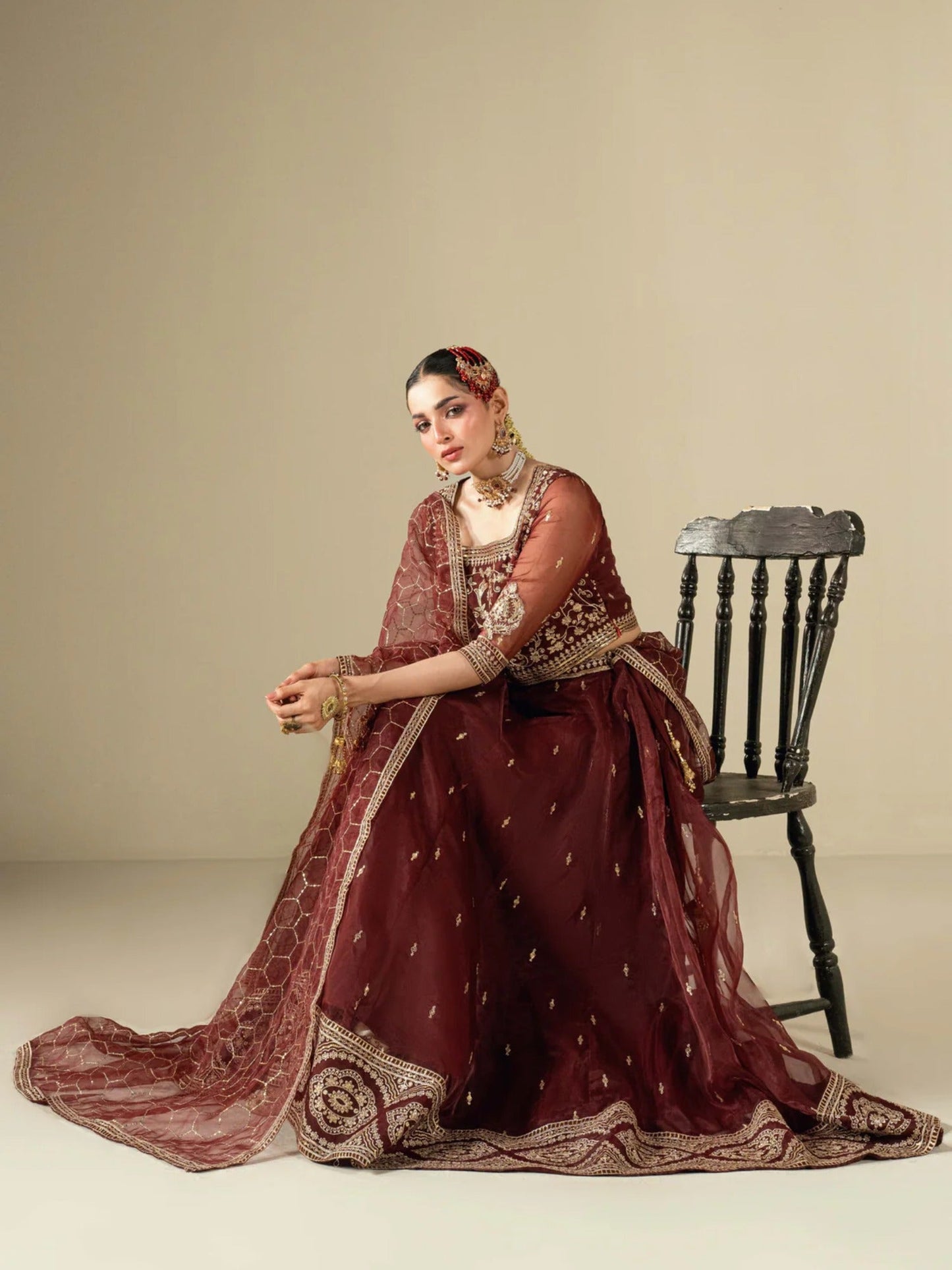 Maroon Hani & Umaima Organza Embroidered Lehenga-Mah e Gull