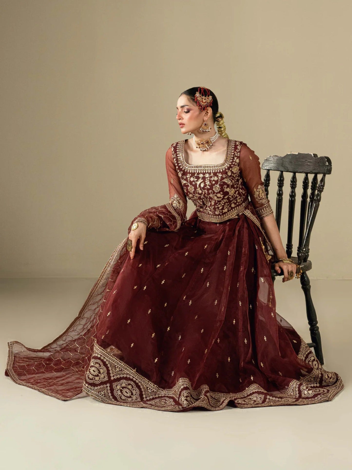 Maroon Hani & Umaima Organza Embroidered Lehenga-Mah e Gull
