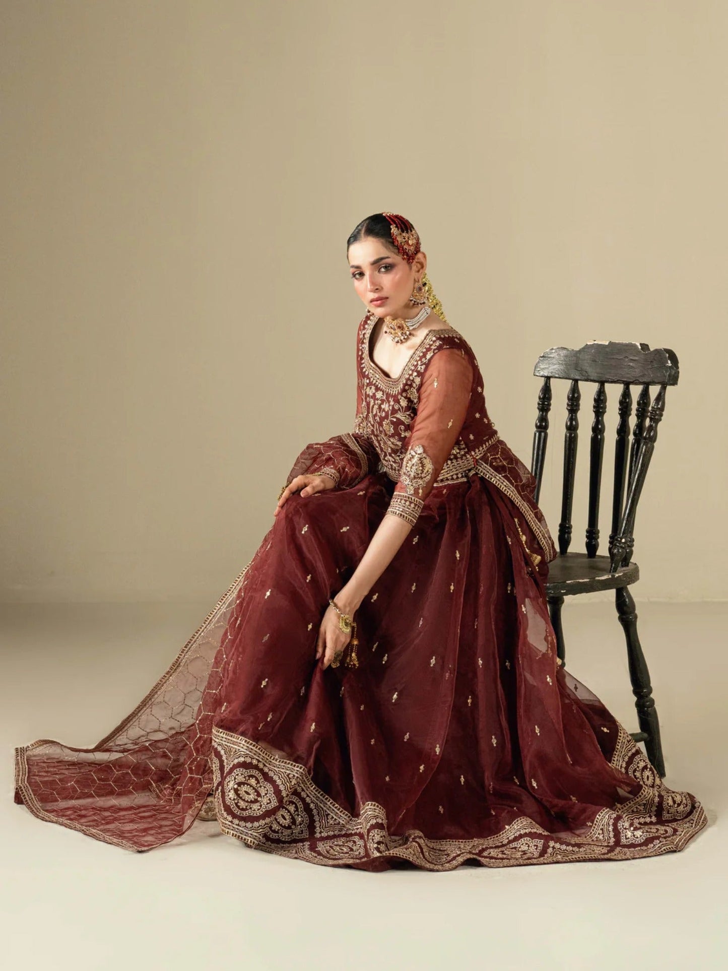 Maroon Hani & Umaima Organza Embroidered Lehenga-Mah e Gull