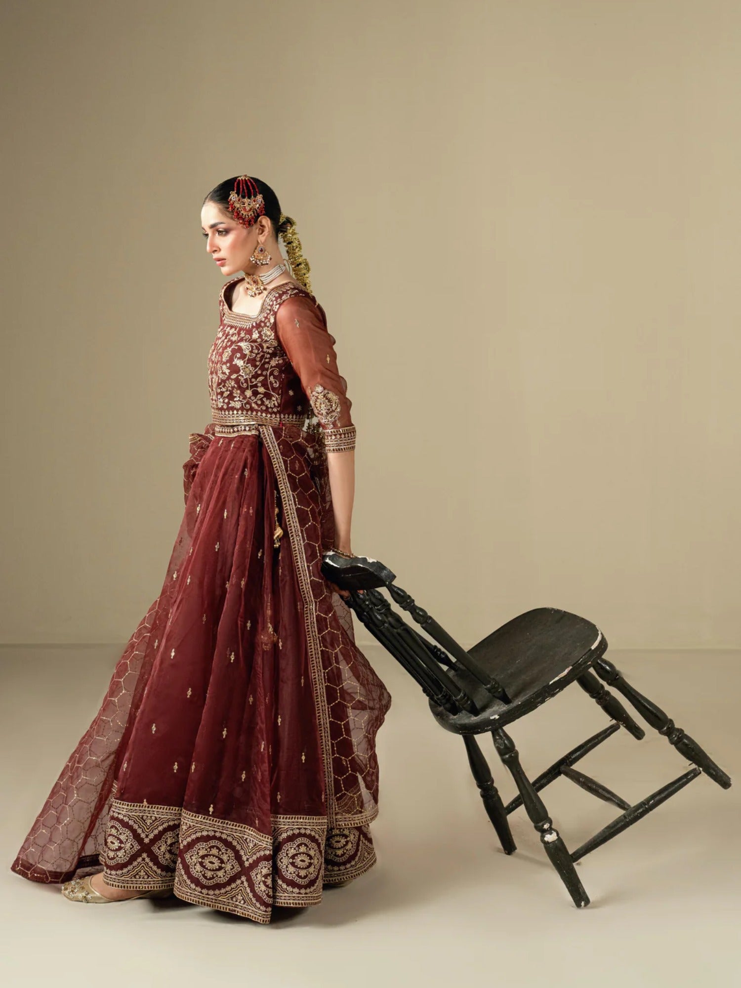 Maroon Hani & Umaima Organza Embroidered Lehenga-Mah e Gull