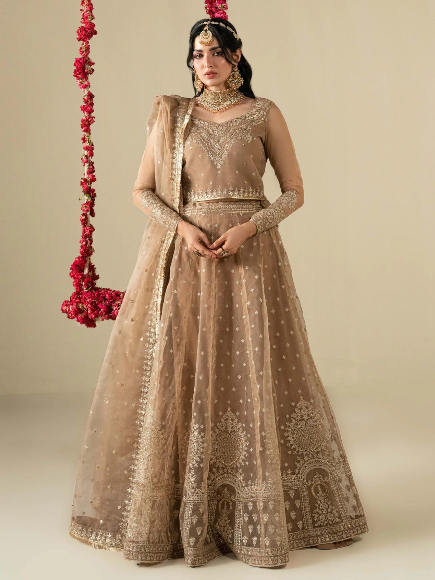 Golden Hani & Umaima Organza Embroidered Lehenga-Gul e Zenat
