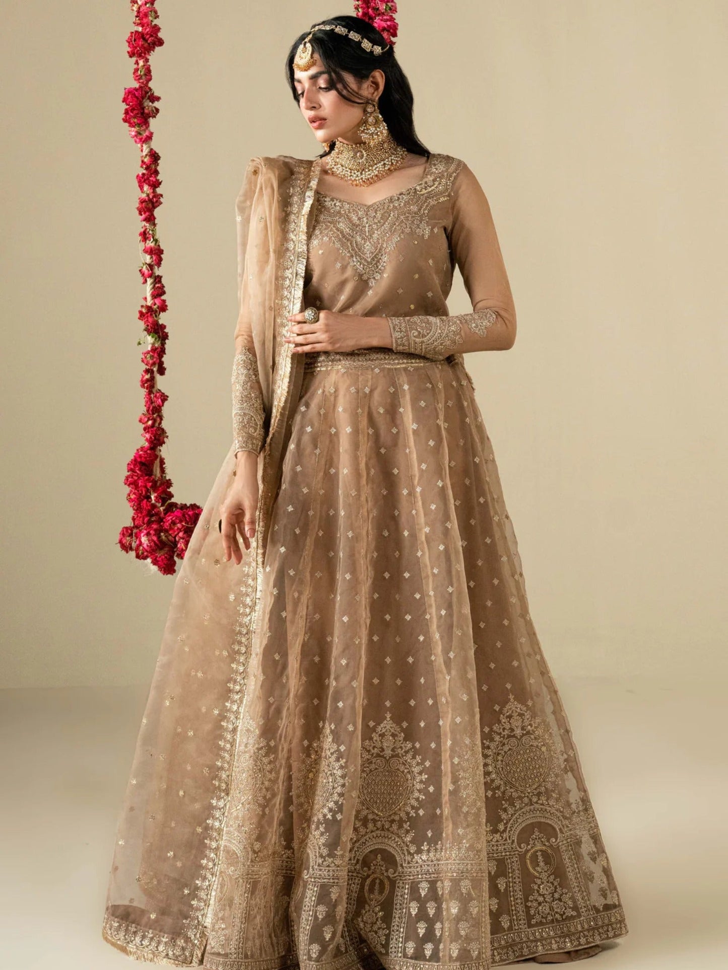 Golden Hani & Umaima Organza Embroidered Lehenga-Gul e Zenat