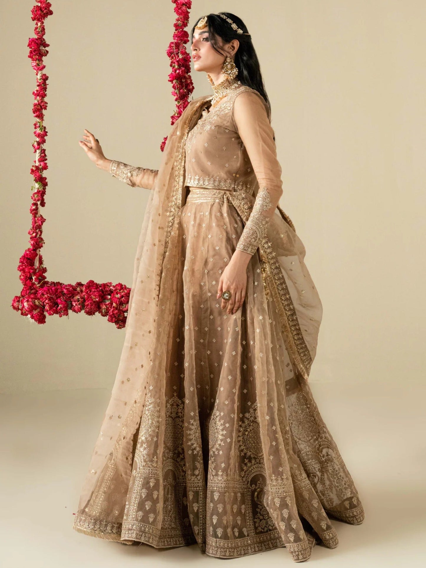 Golden Hani & Umaima Organza Embroidered Lehenga-Gul e Zenat