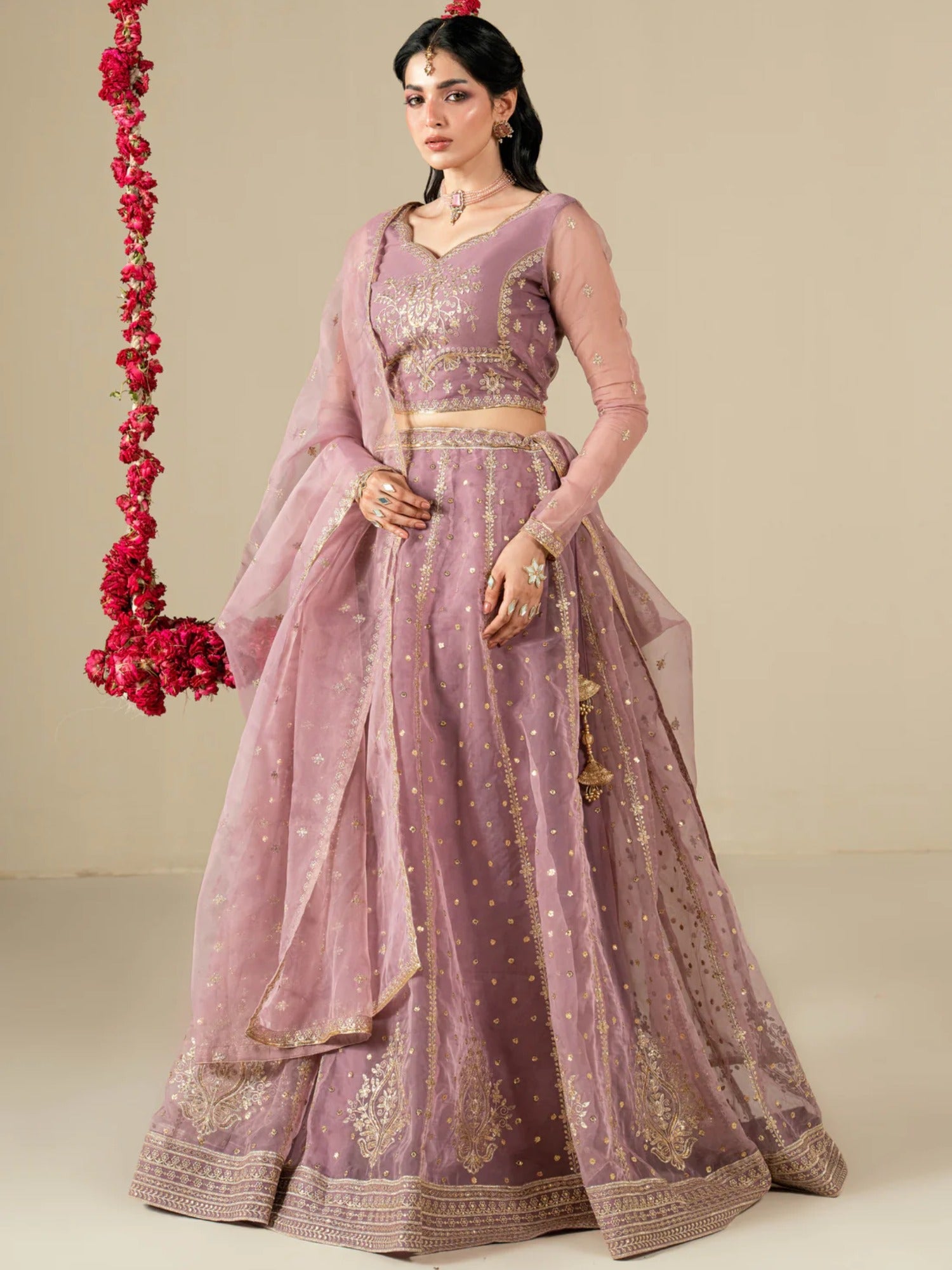 Lilac Hani & Umaima Organza Embroidered Lehenga-Rang e Jah