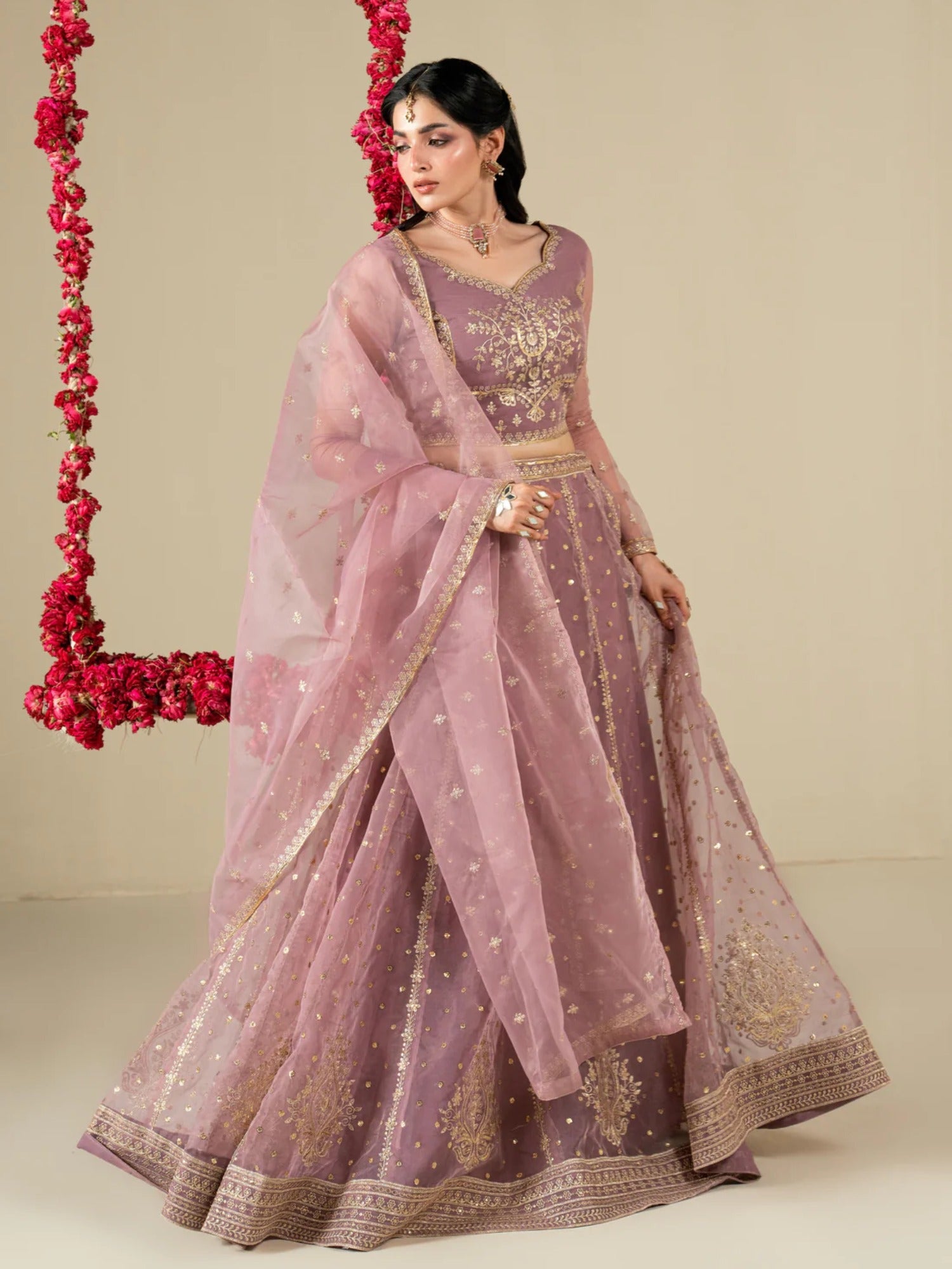 Lilac Hani & Umaima Organza Embroidered Lehenga-Rang e Jah