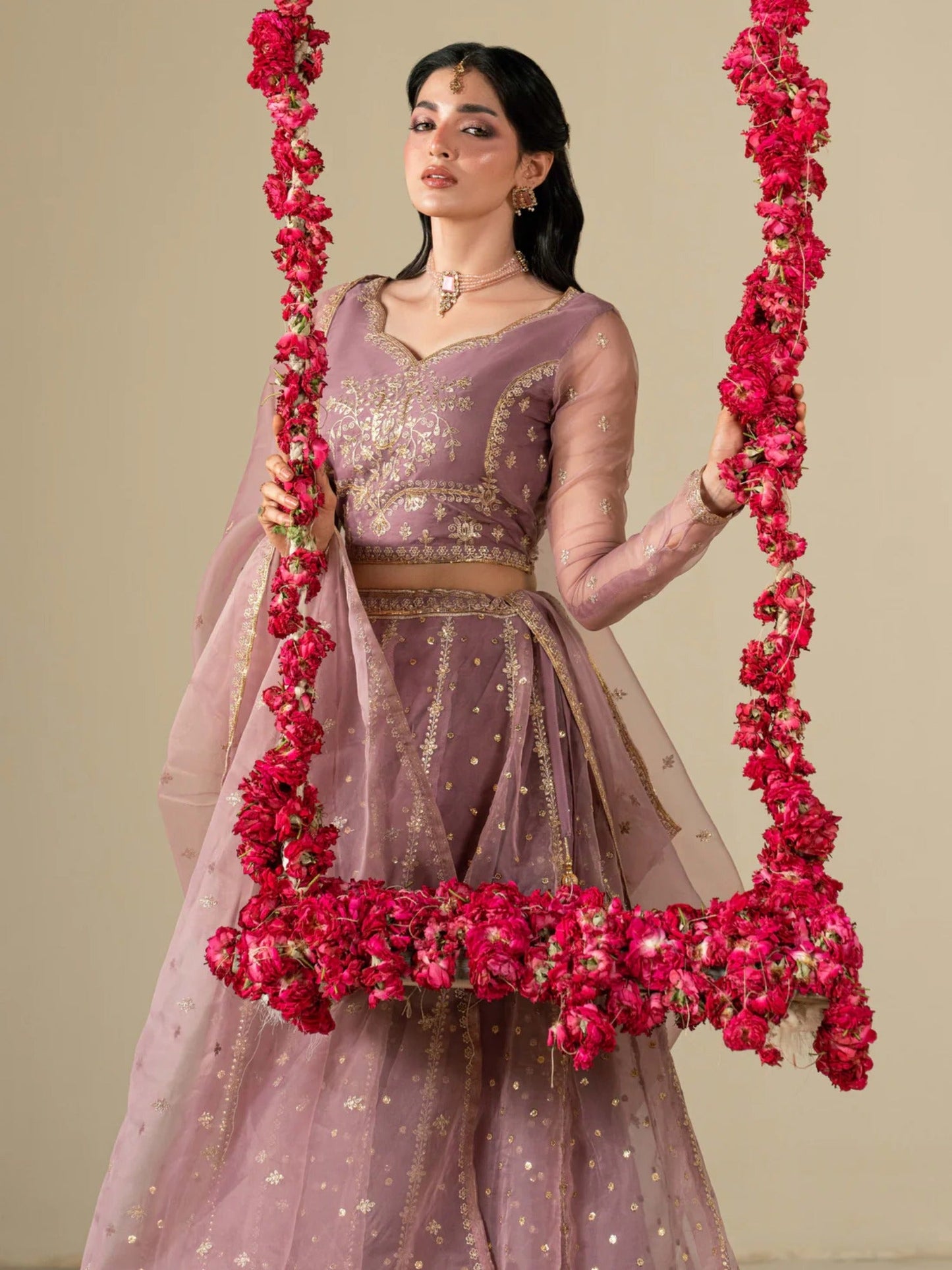 Lilac Hani & Umaima Organza Embroidered Lehenga-Rang e Jah