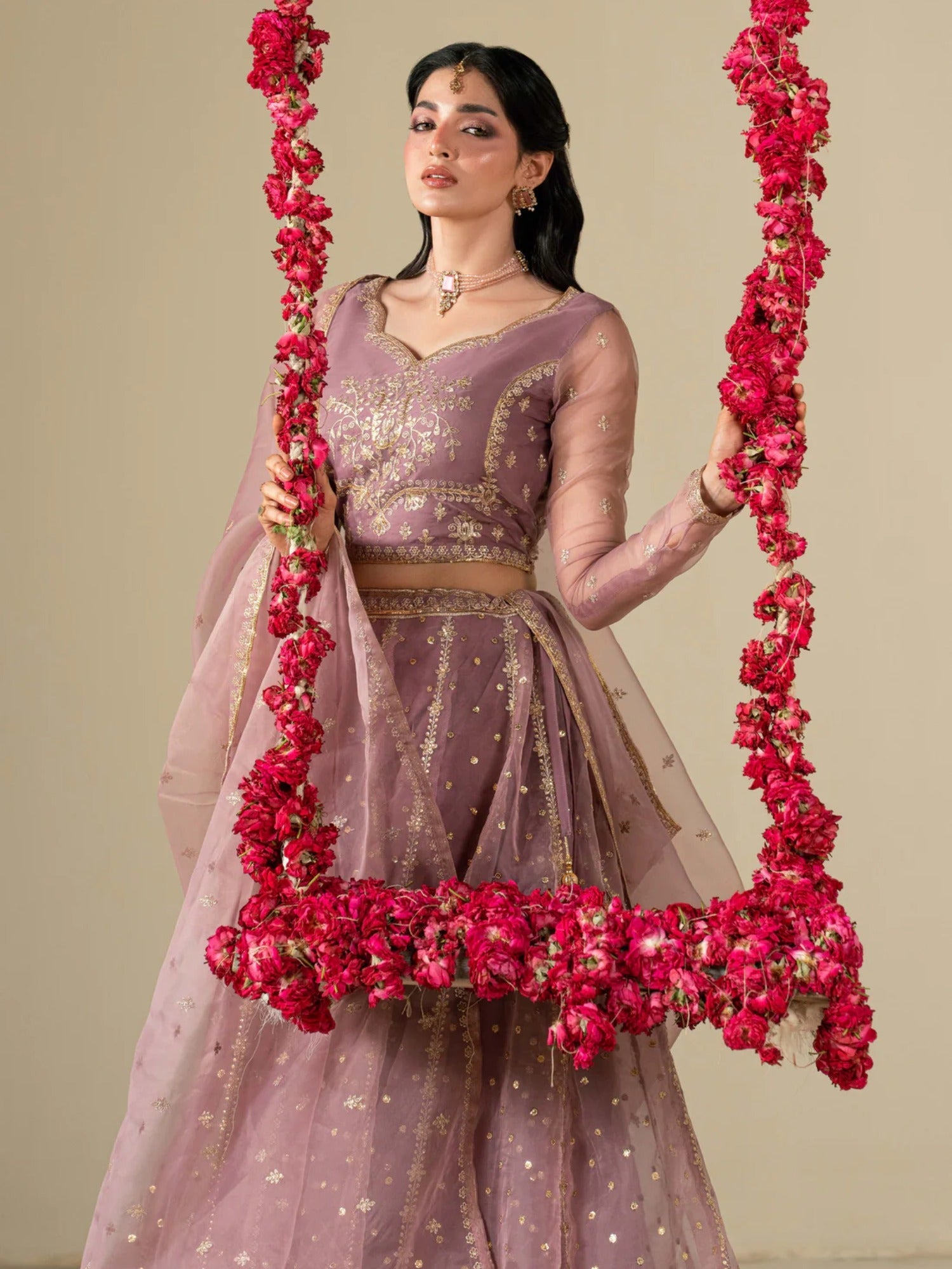 Lilac Hani & Umaima Organza Embroidered Lehenga-Rang e Jah
