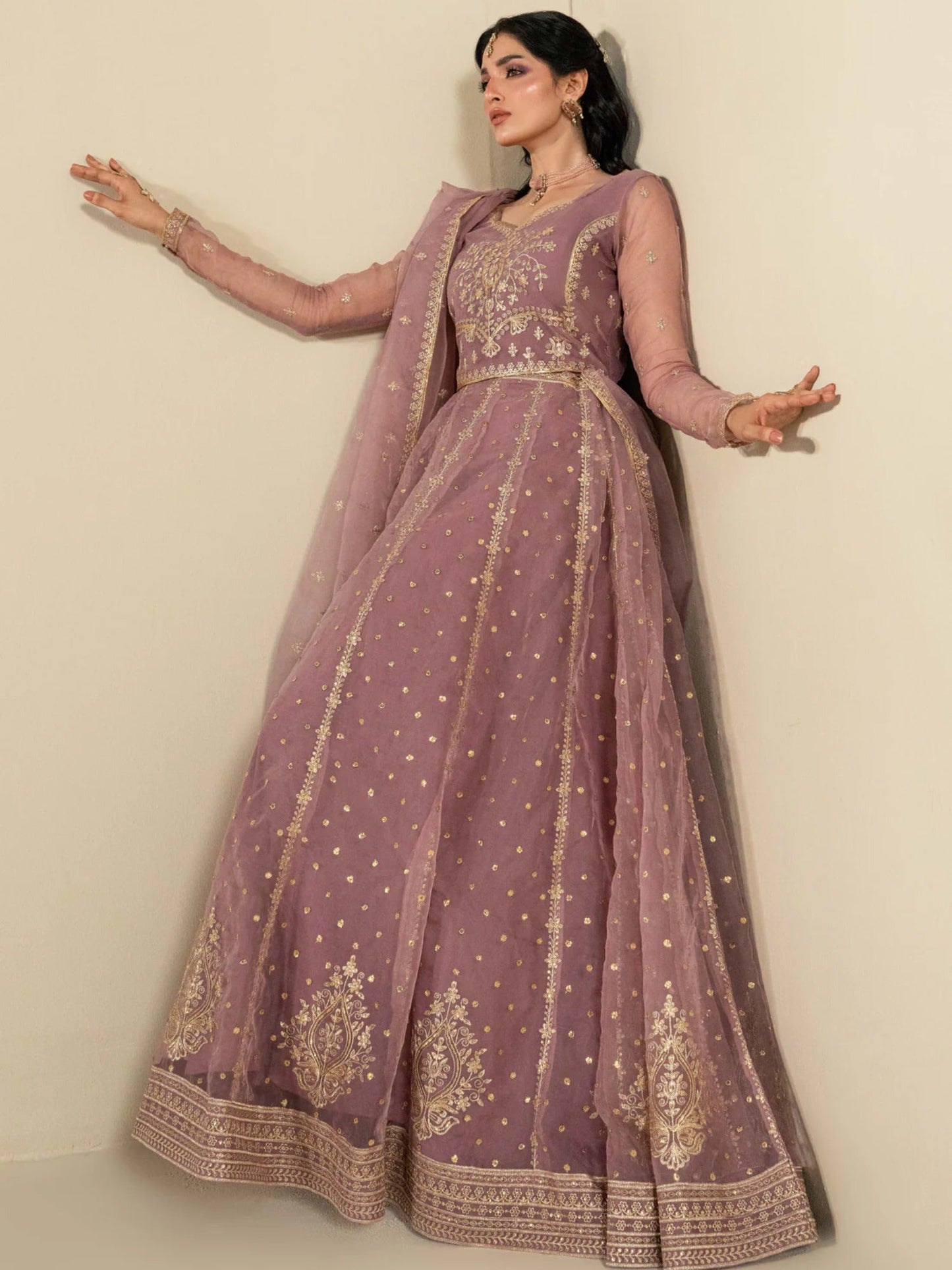 Lilac Hani & Umaima Organza Embroidered Lehenga-Rang e Jah
