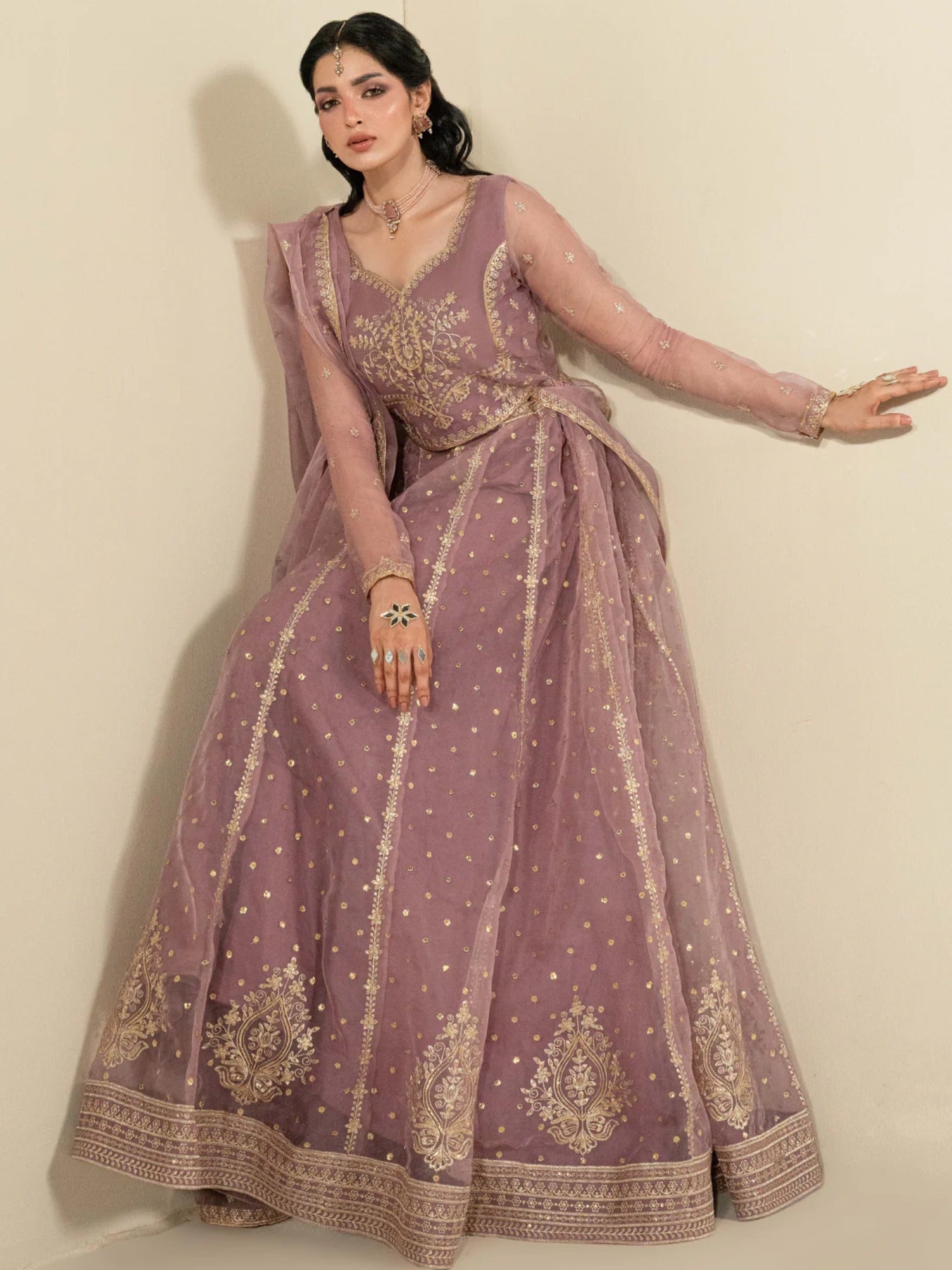 Lilac Hani & Umaima Organza Embroidered Lehenga-Rang e Jah