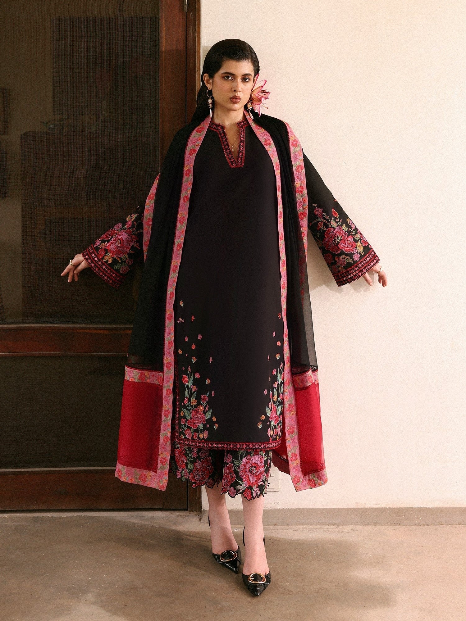 Black-Hussain Rehar Eid Pret SS 26 Lawn Embroidered Stitched 3-Piece Suit-Nigah