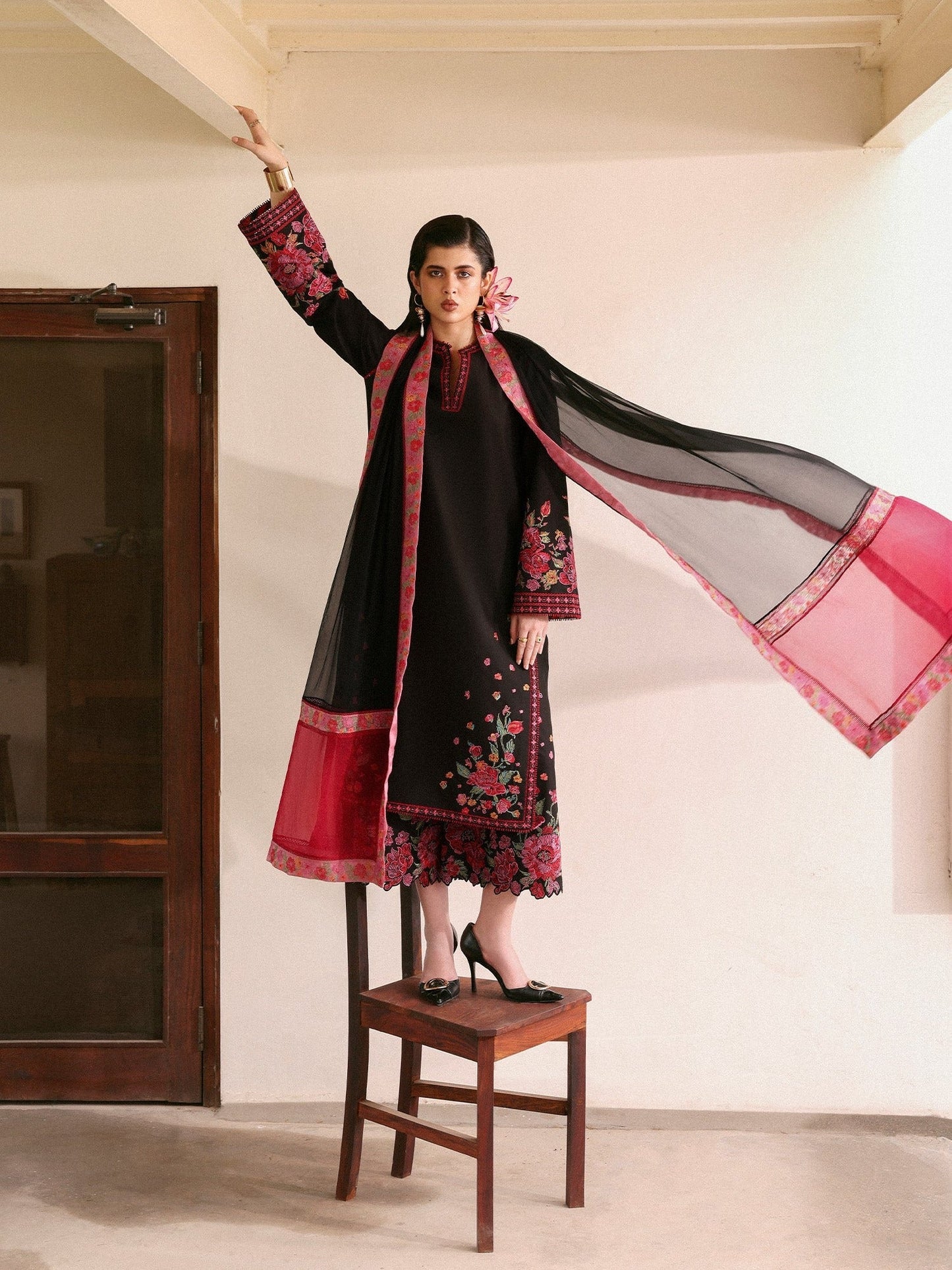 Black-Hussain Rehar Eid Pret SS 26 Lawn Embroidered Stitched 3-Piece Suit-Nigah